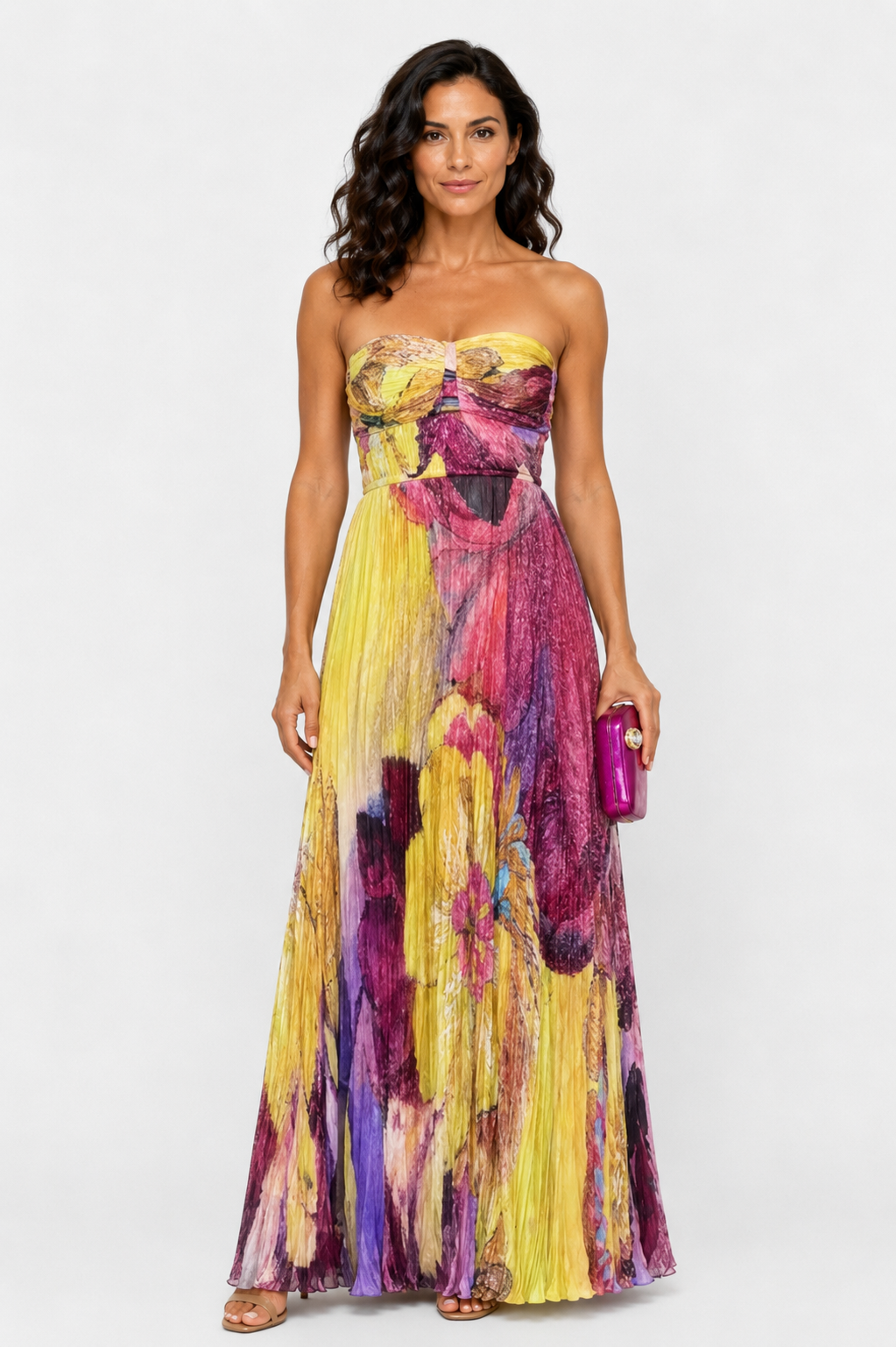 Vestido maxi plisado de tirantes finos con estampado floral y cintura entallada