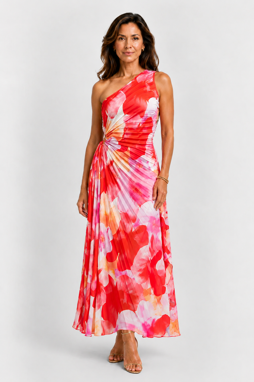 Vestido maxi plisado asimétrico de un solo hombro con estampado