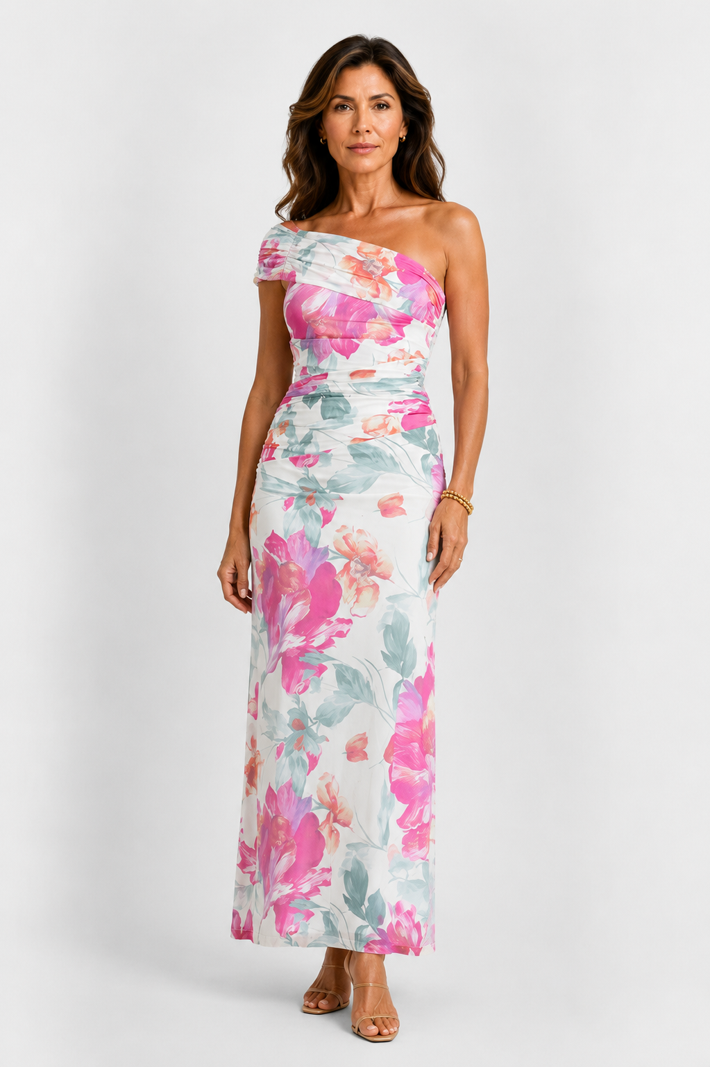Vestido maxi ajustado de un solo hombro con estampado floral y frunces