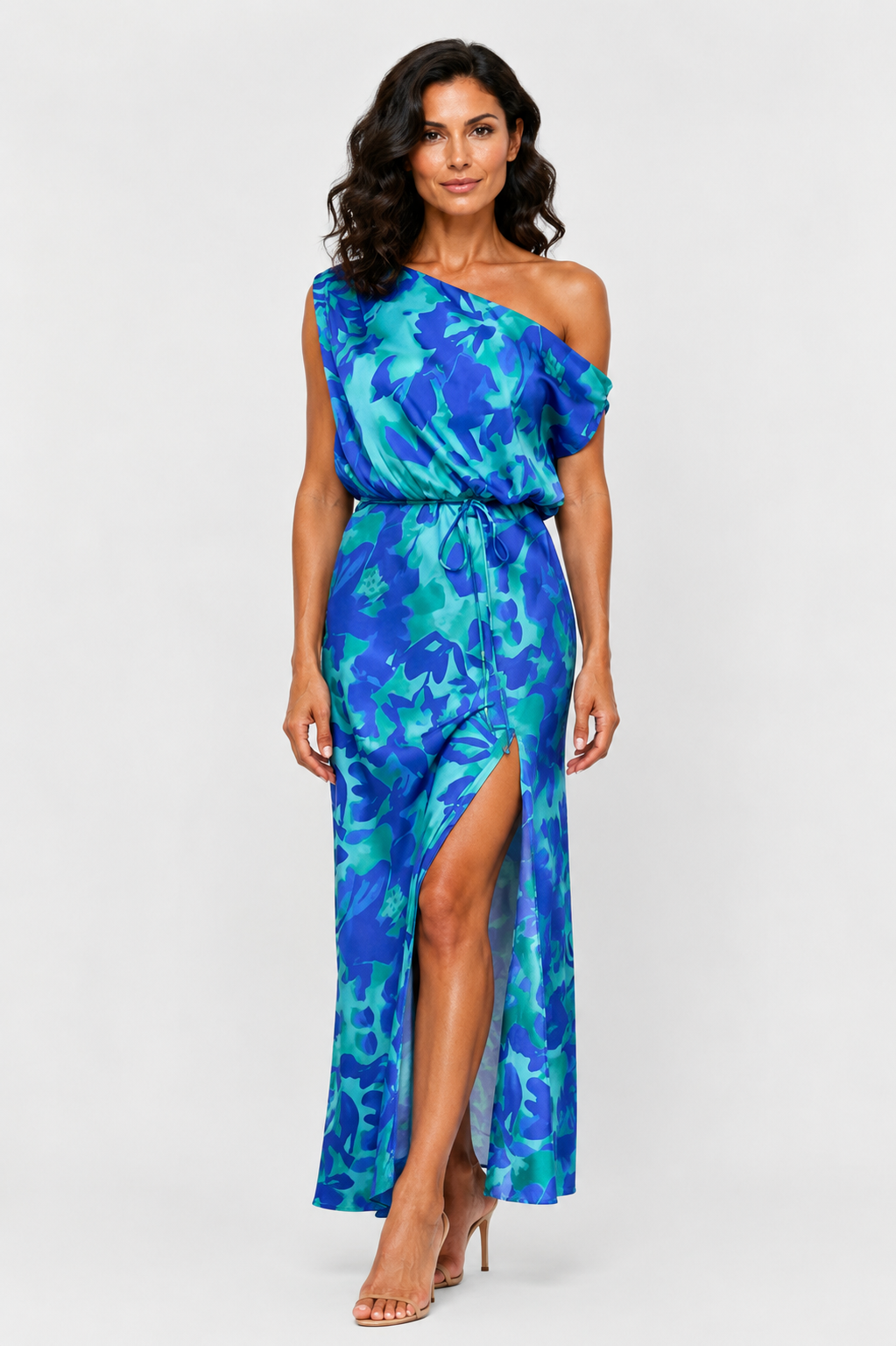 Vestido maxi estampado floral de un solo hombro con cintura atada y abertura
