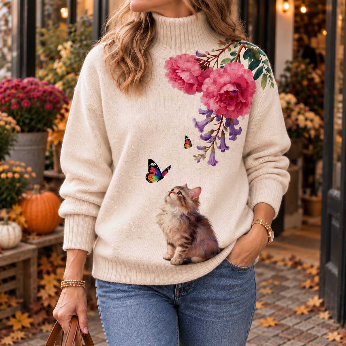 Brenda | Suéter suave floral de cuello alto