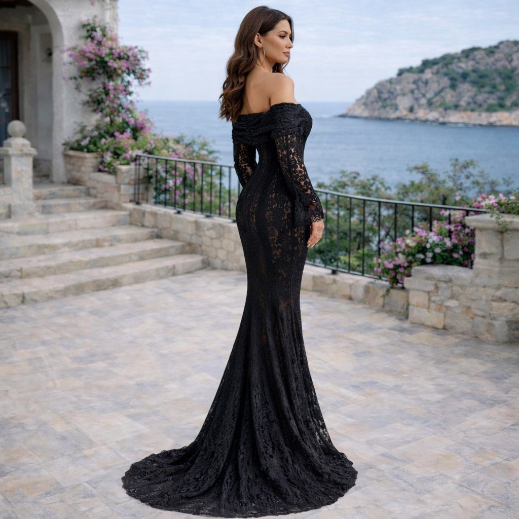 Vestido Alessandra™ | Encaje negro y hombros al descubierto