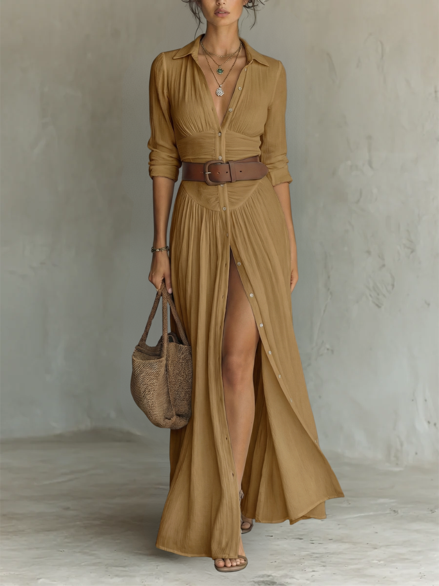 Clara | Vestido maxi de lino con cuello de solapa