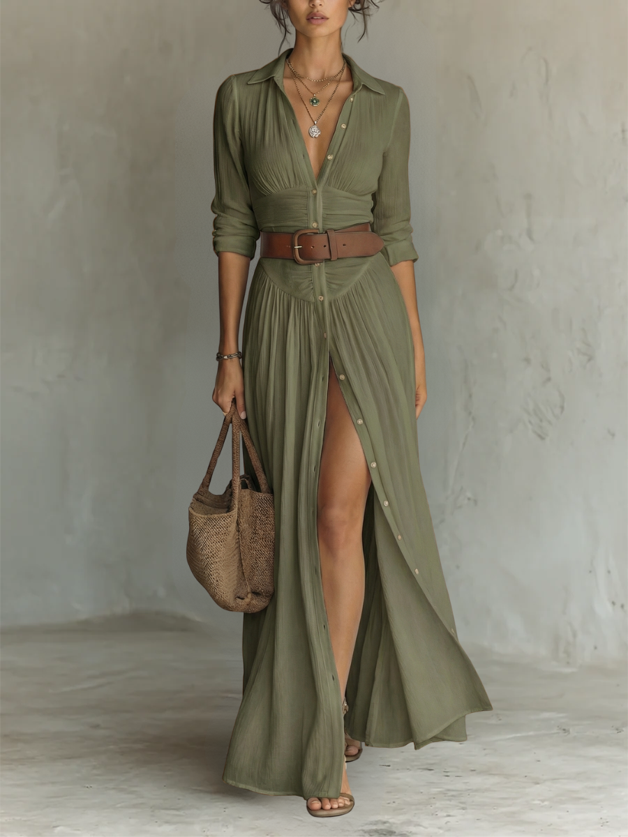 Clara | Vestido maxi de lino con cuello de solapa