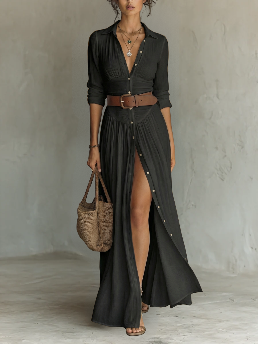 Clara | Vestido maxi de lino con cuello de solapa