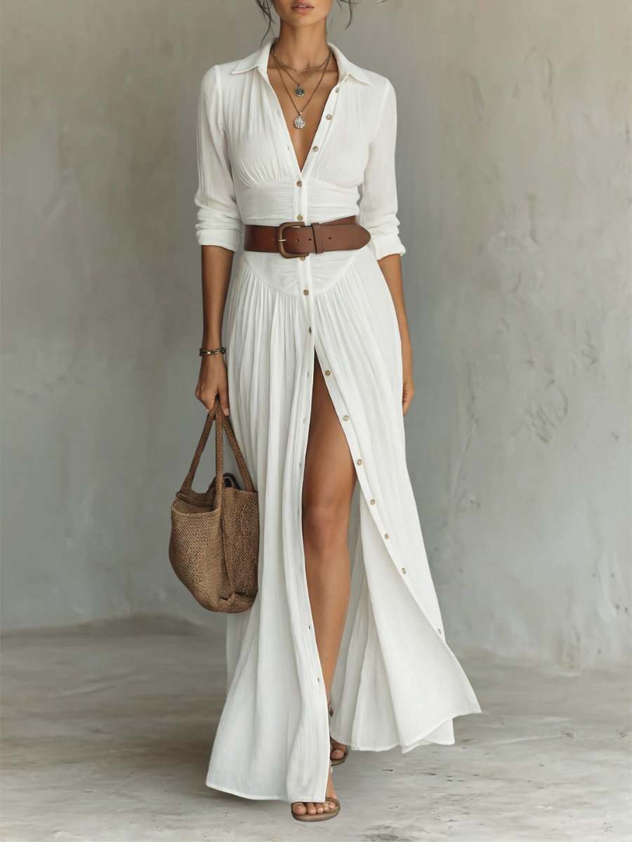 Clara | Vestido maxi de lino con cuello de solapa