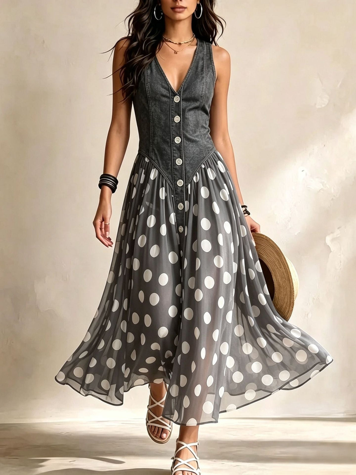 Adeline | Vestido Largo Efecto Mezclilla con Falda de Lunares