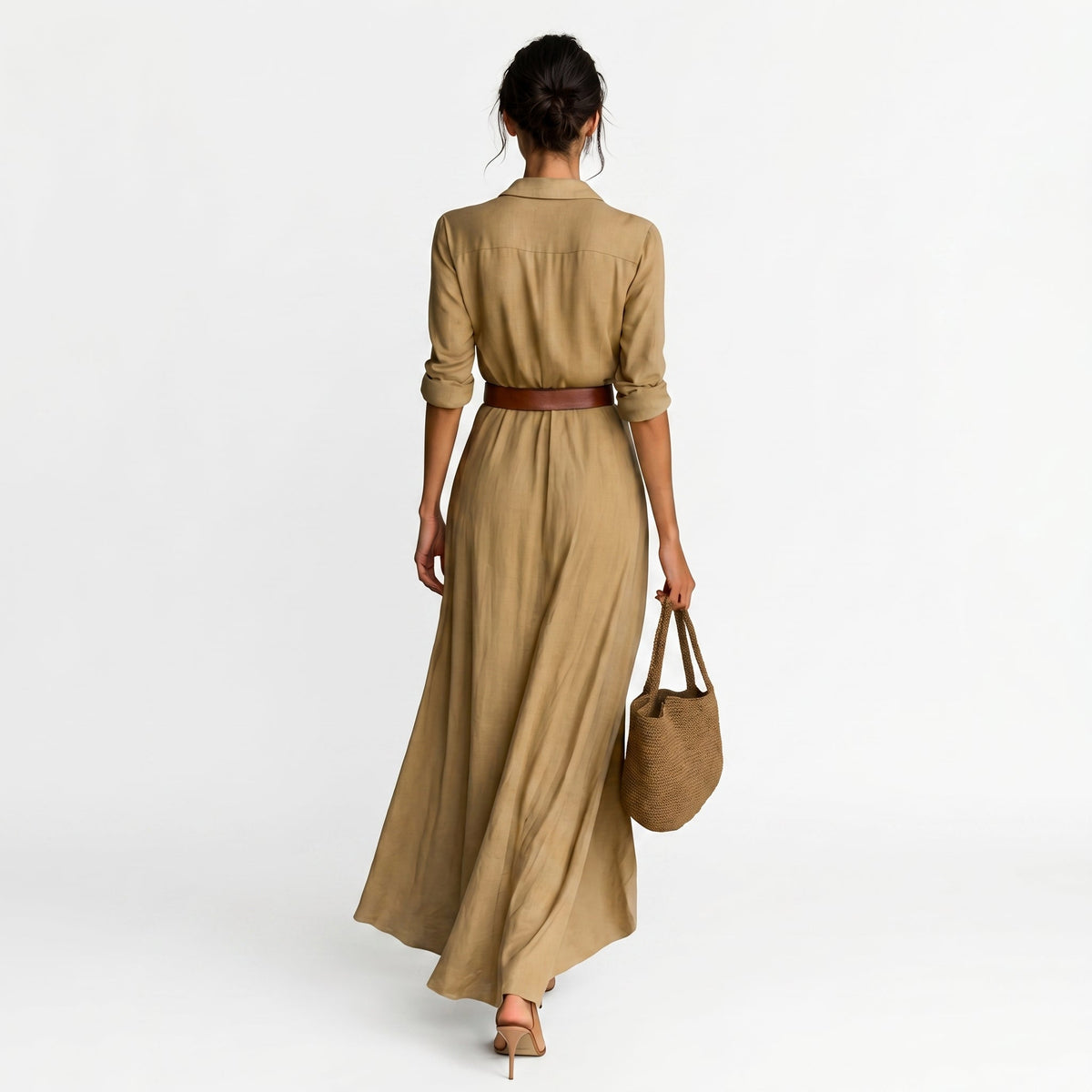 Vestido Maxi Largo con Cuello y Cintura Incluida