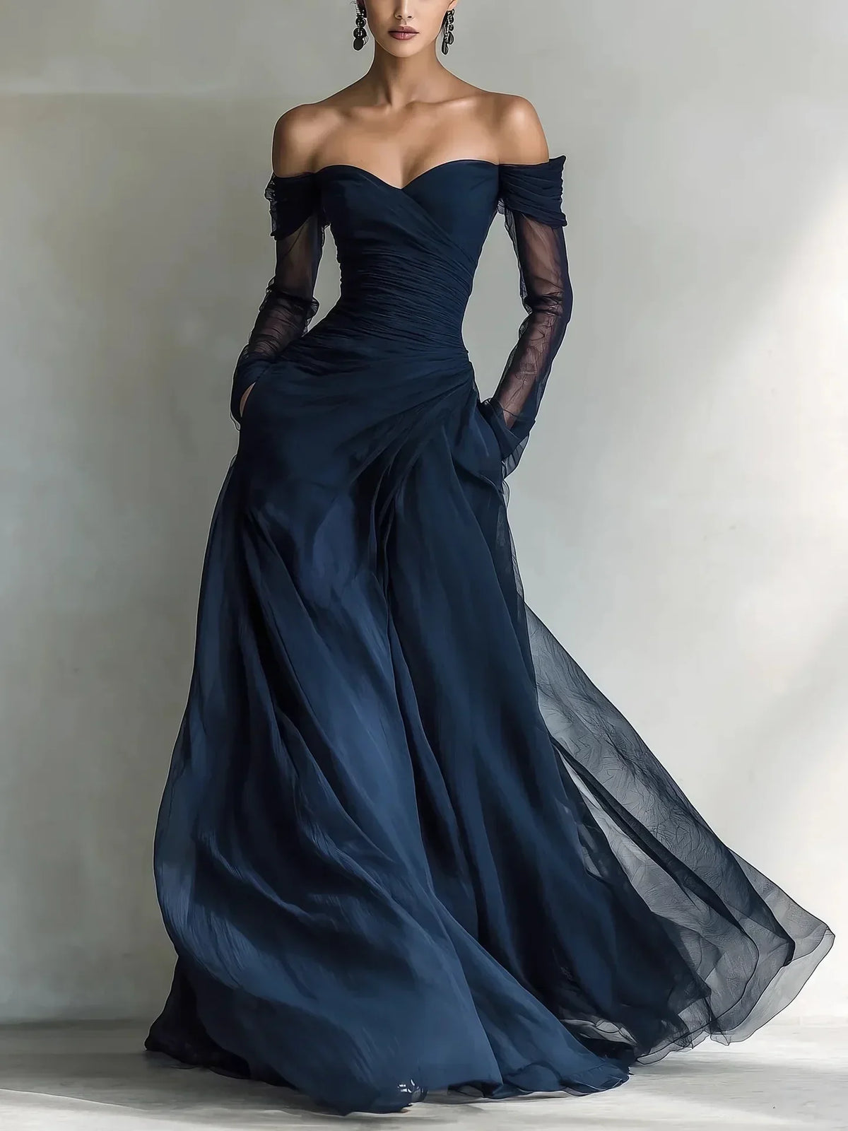 Eleonora | Vestido Largo con Hombros Descubiertos e Insertos de Malla