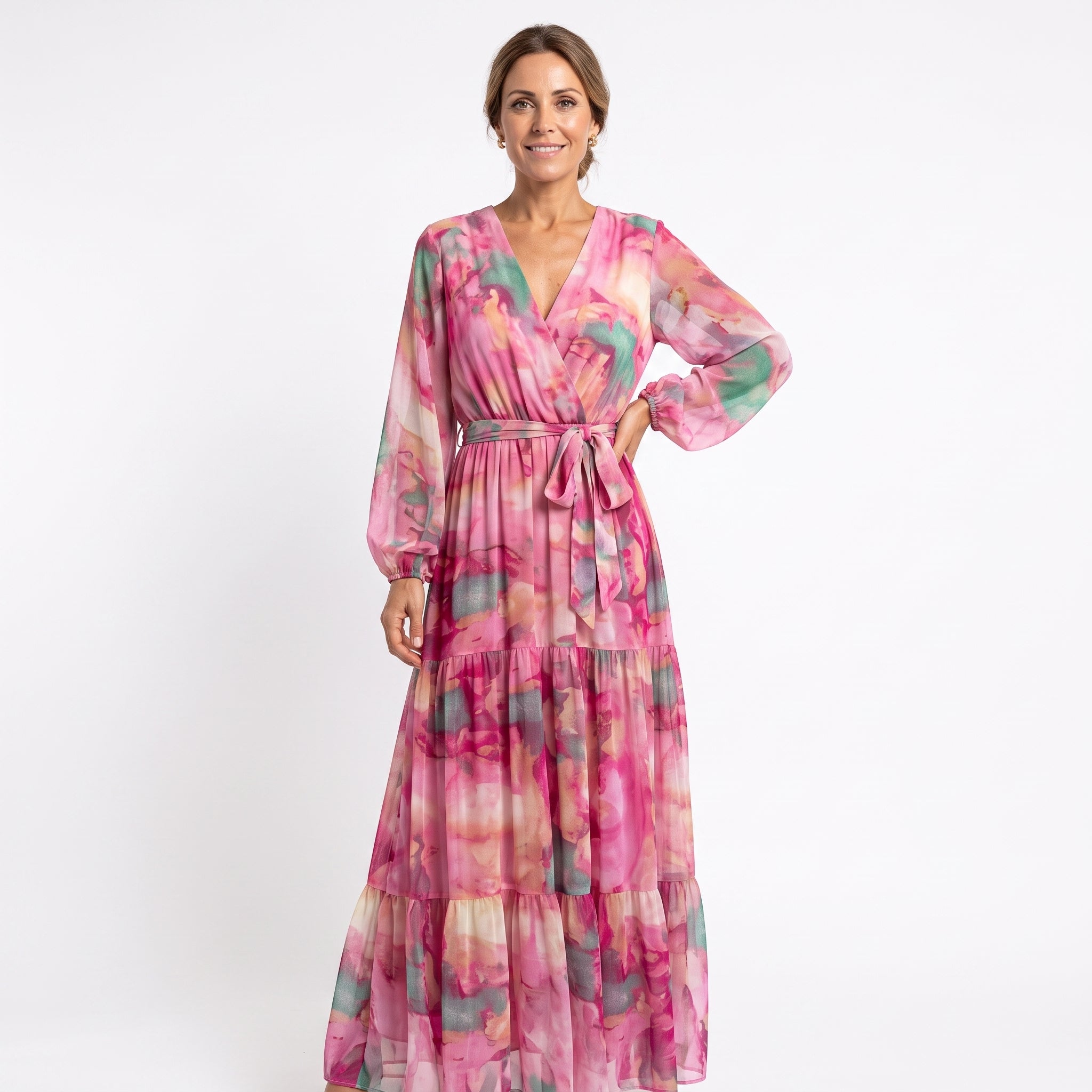 Belladina | Romántica Cascada de Rosas, Vestido Largo con Escote Americano