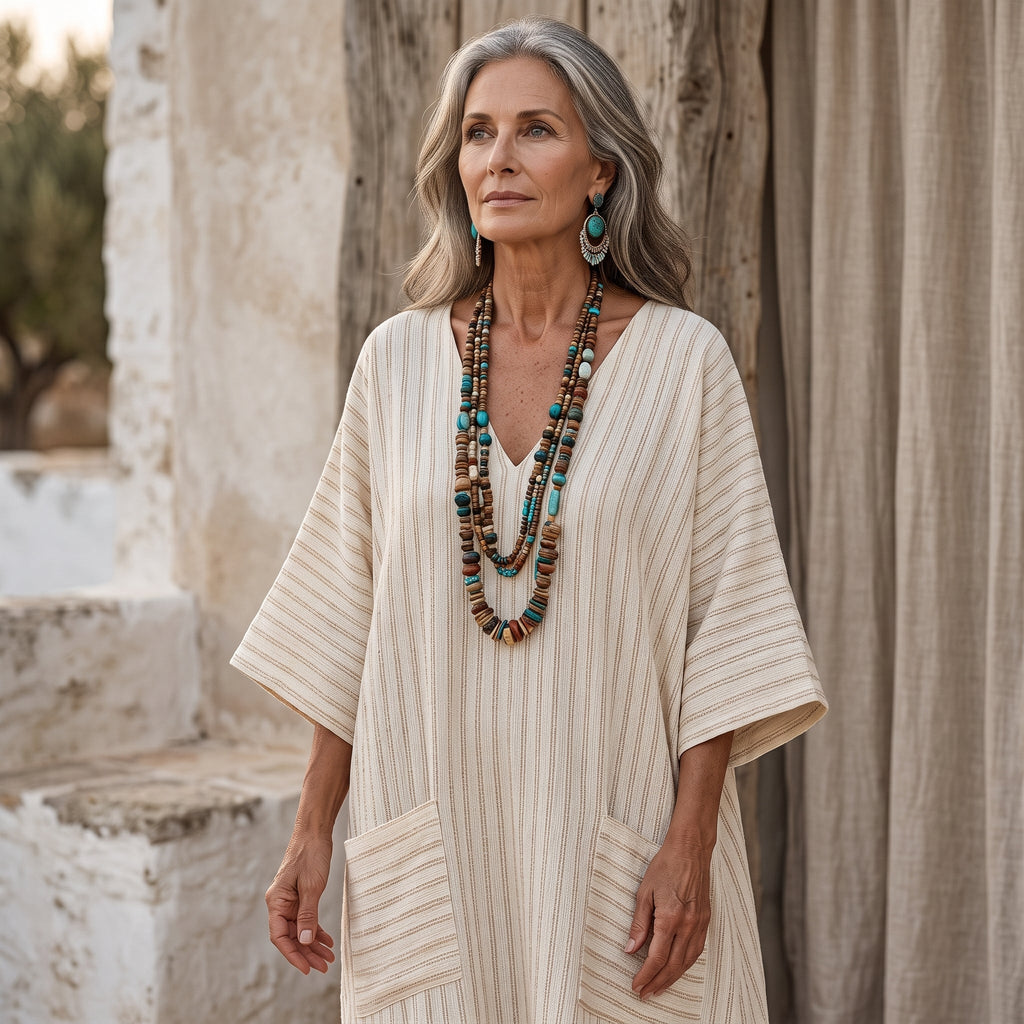 Paloma | Caftán Largo Fresco - Crema Rayas Finas