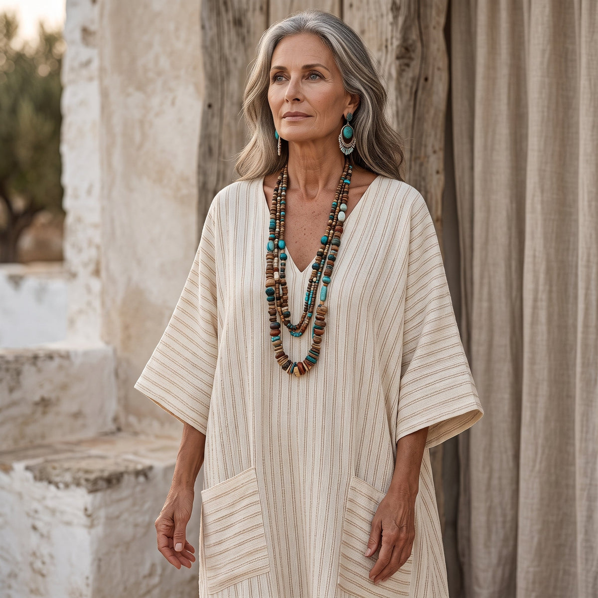 Paloma | Caftán Largo Fresco - Crema Rayas Finas