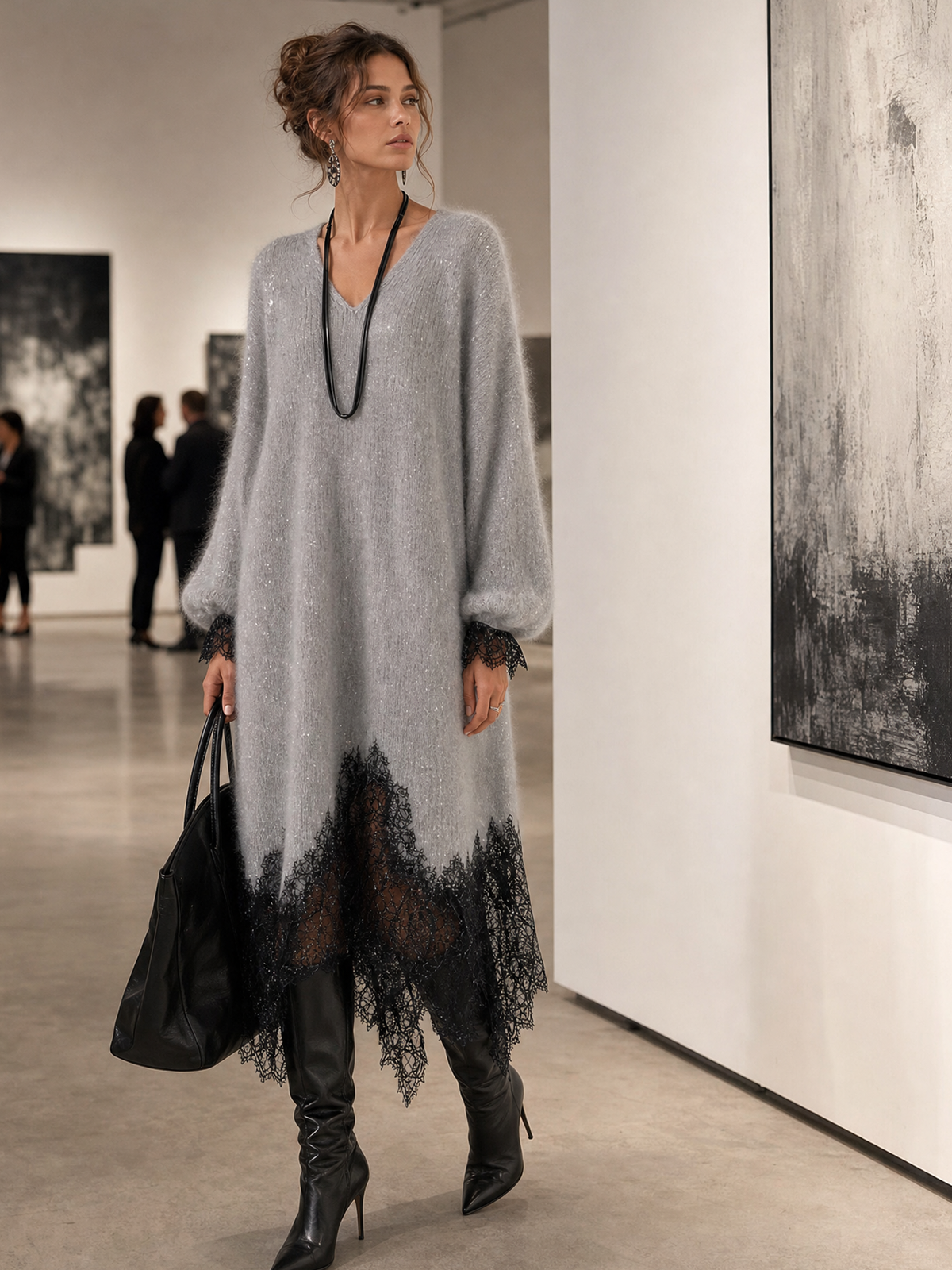 Gema | Vestido Midi de Punto Gris con Bajo de Encaje