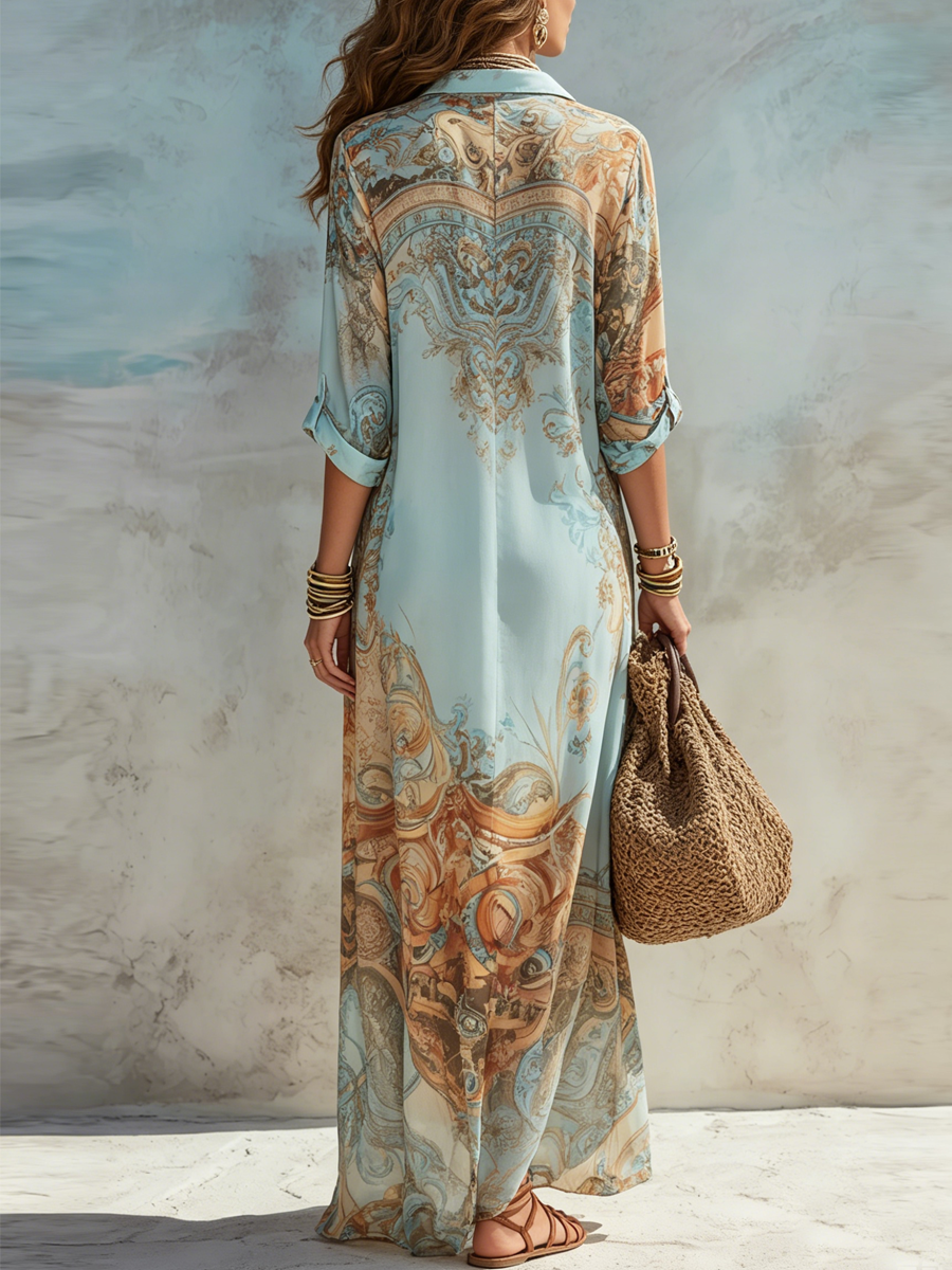 Velia | Vestido Camisero Largo con Estampado Barroco, Azul Cielo