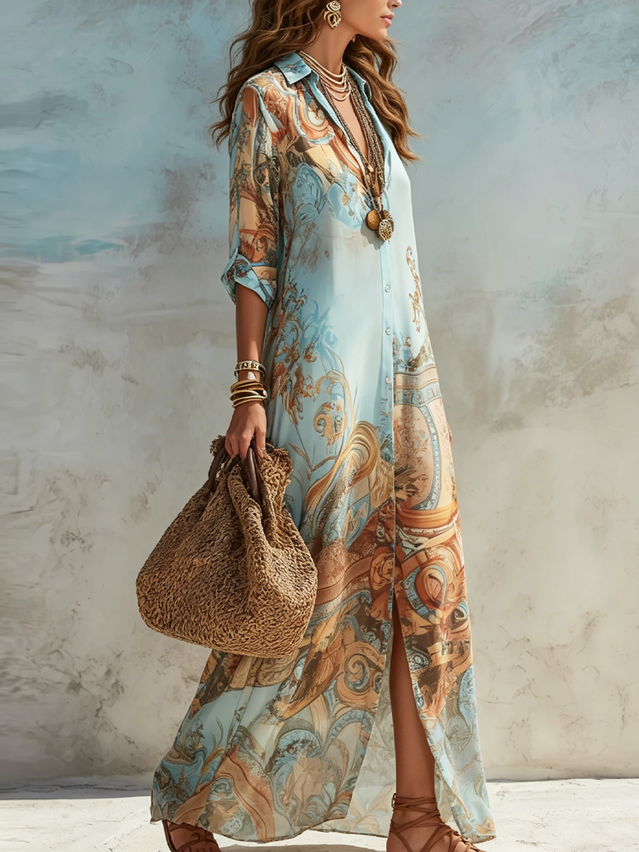 Velia | Vestido Camisero Largo con Estampado Barroco, Azul Cielo