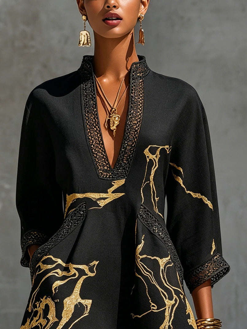 Donatella | Vestido Corto Negro con Estampado Mármol y Encaje