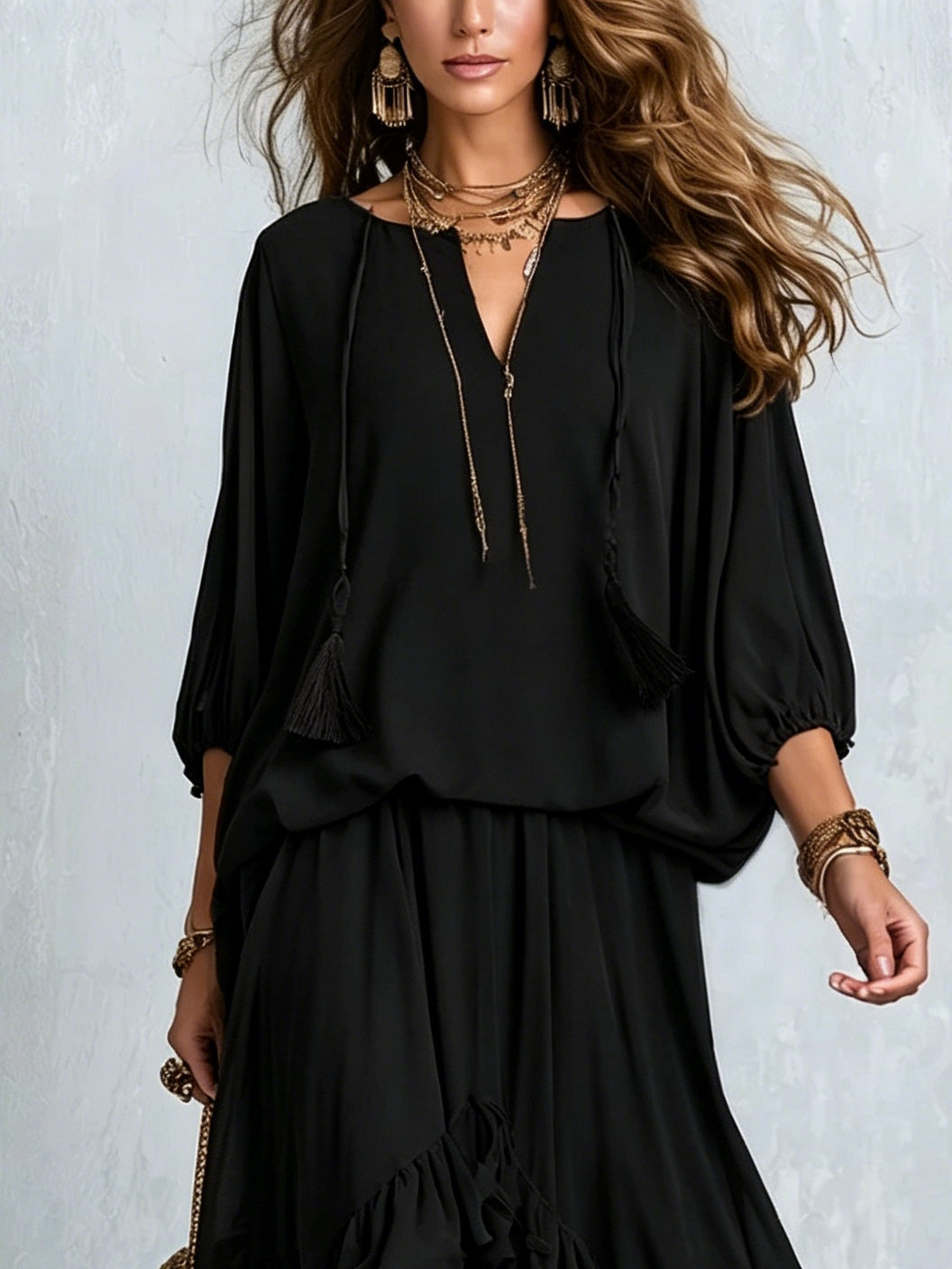 Annalisa | Conjunto de Blusa de Gasa y Falda de Olanes, Negro