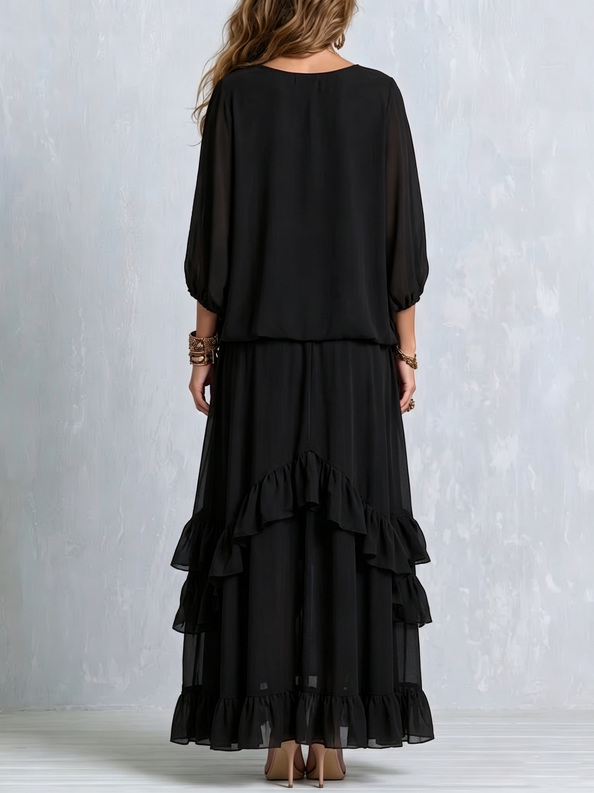 Annalisa | Conjunto de Blusa de Gasa y Falda de Olanes, Negro