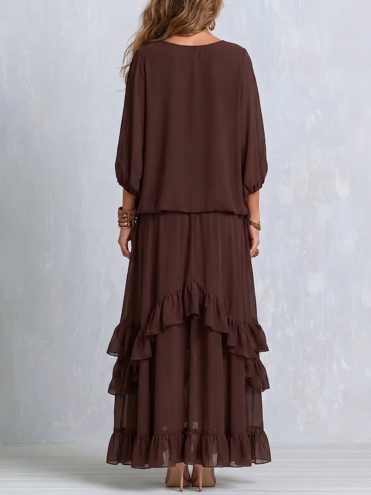 Dalila | Conjunto de Blusa de Gasa y Falda de Olanes, Chocolate