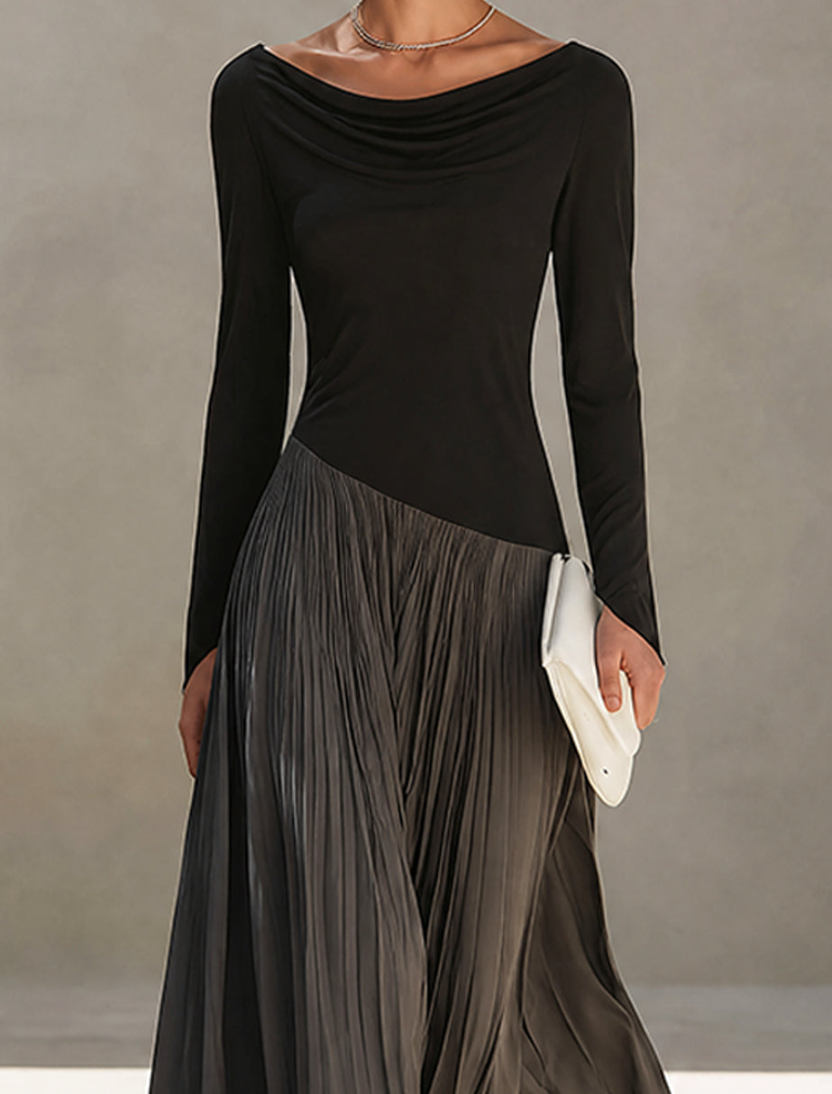 Virginia | Vestido Largo Plisado con Cuello Drapeado, Negro y Gris
