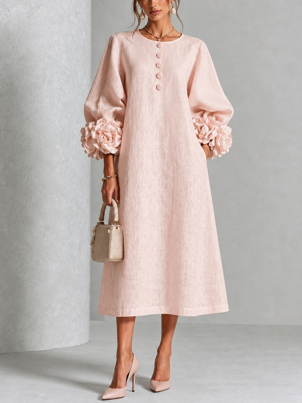 Liliana | Vestido Midi Floral con Puños de Rosa
