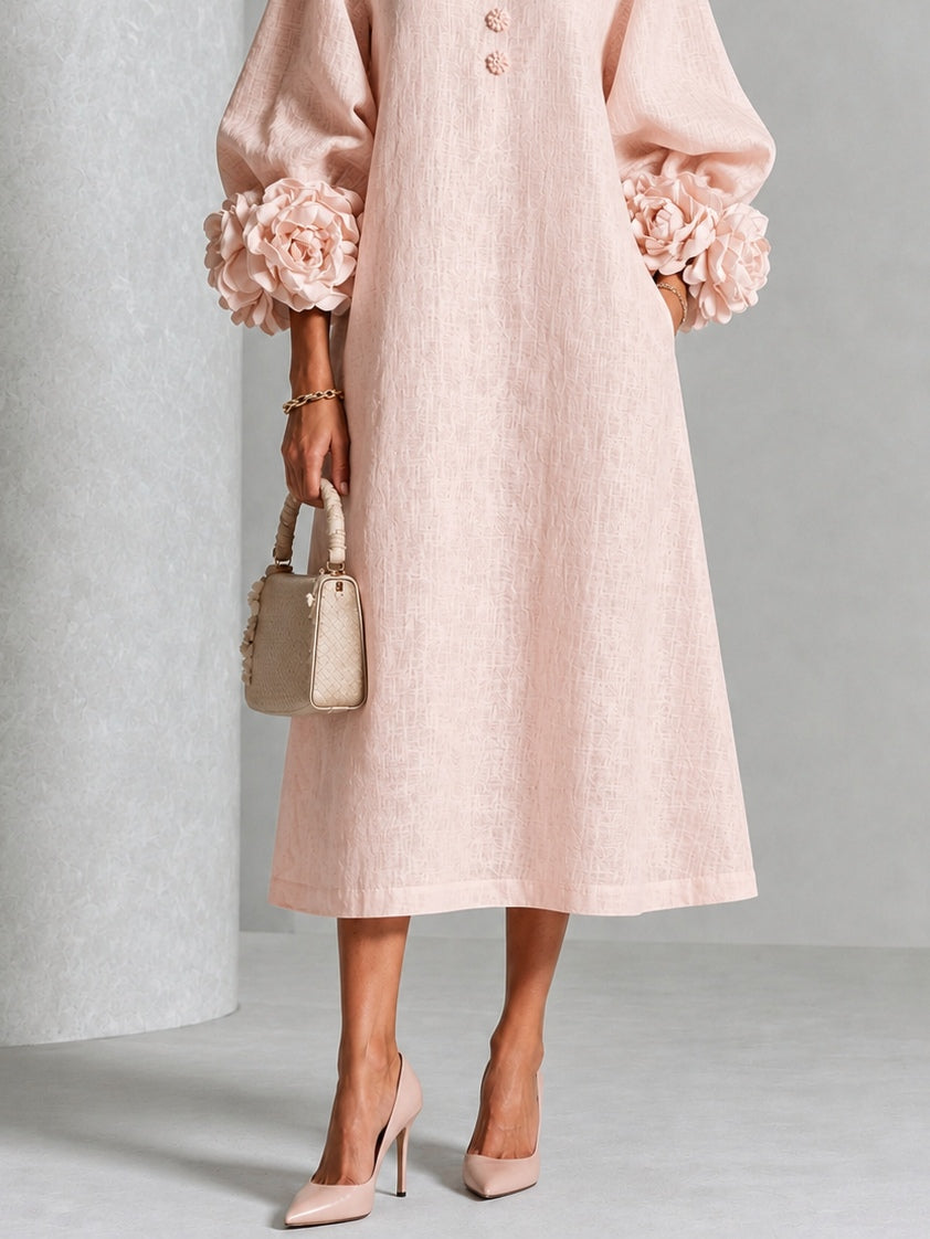 Liliana | Vestido Midi Floral con Puños de Rosa