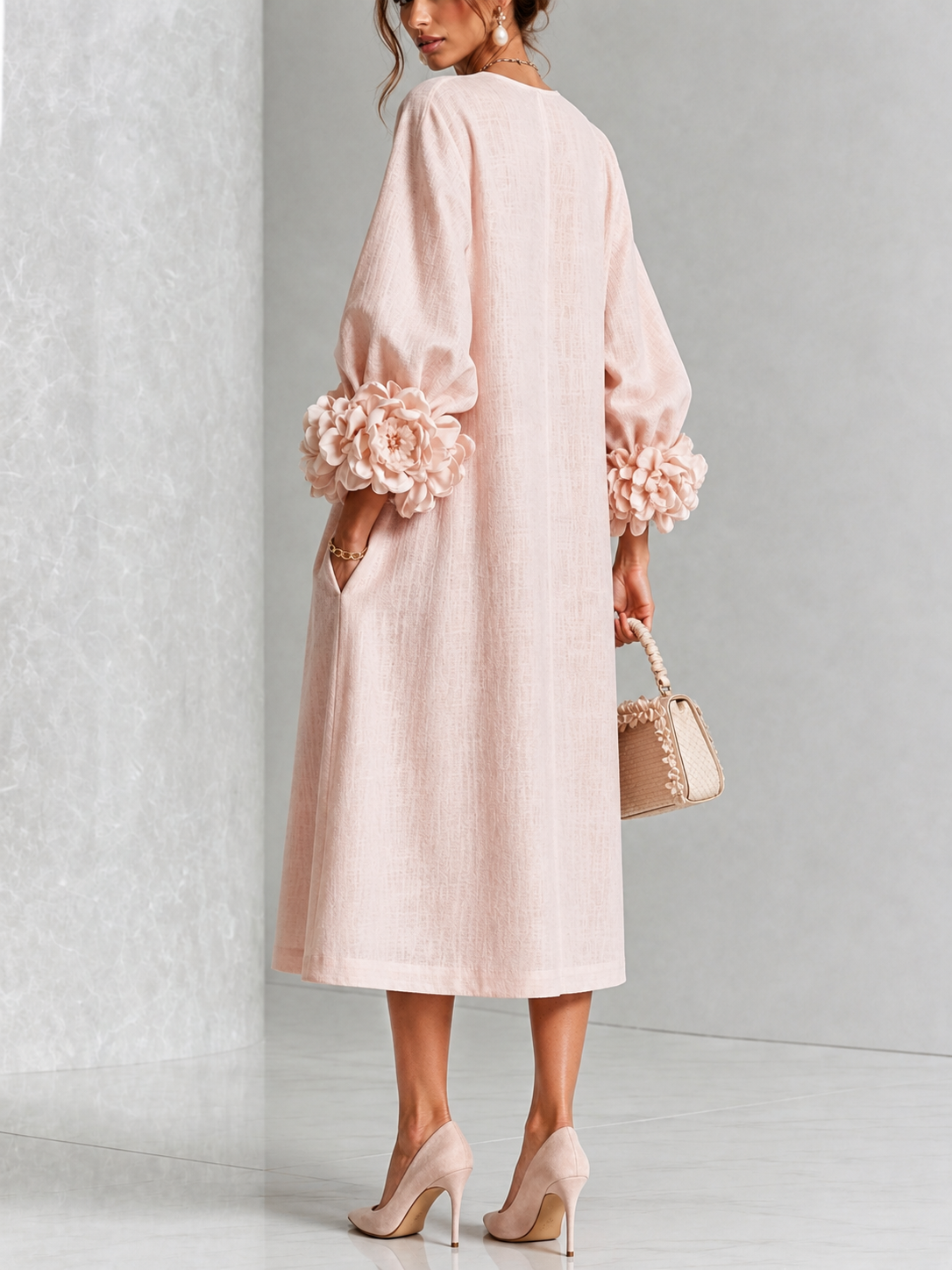 Liliana | Vestido Midi Floral con Puños de Rosa