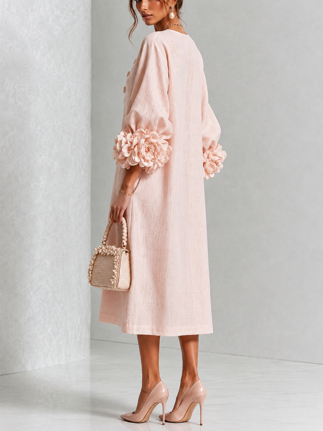 Liliana | Vestido Midi Floral con Puños de Rosa