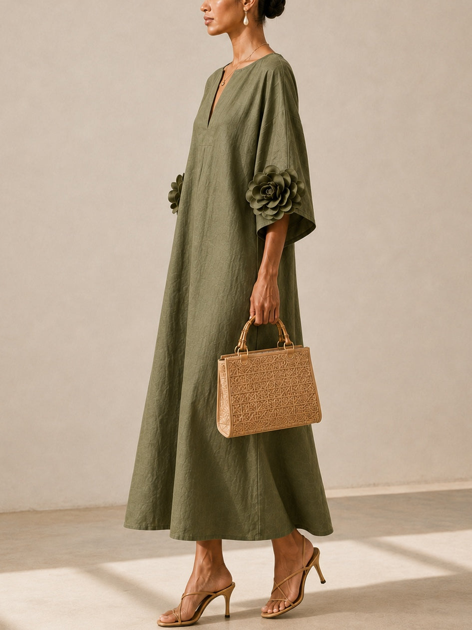 Floriana | Vestido Midi con Flores Aplicadas en las Mangas, Verde Olivo