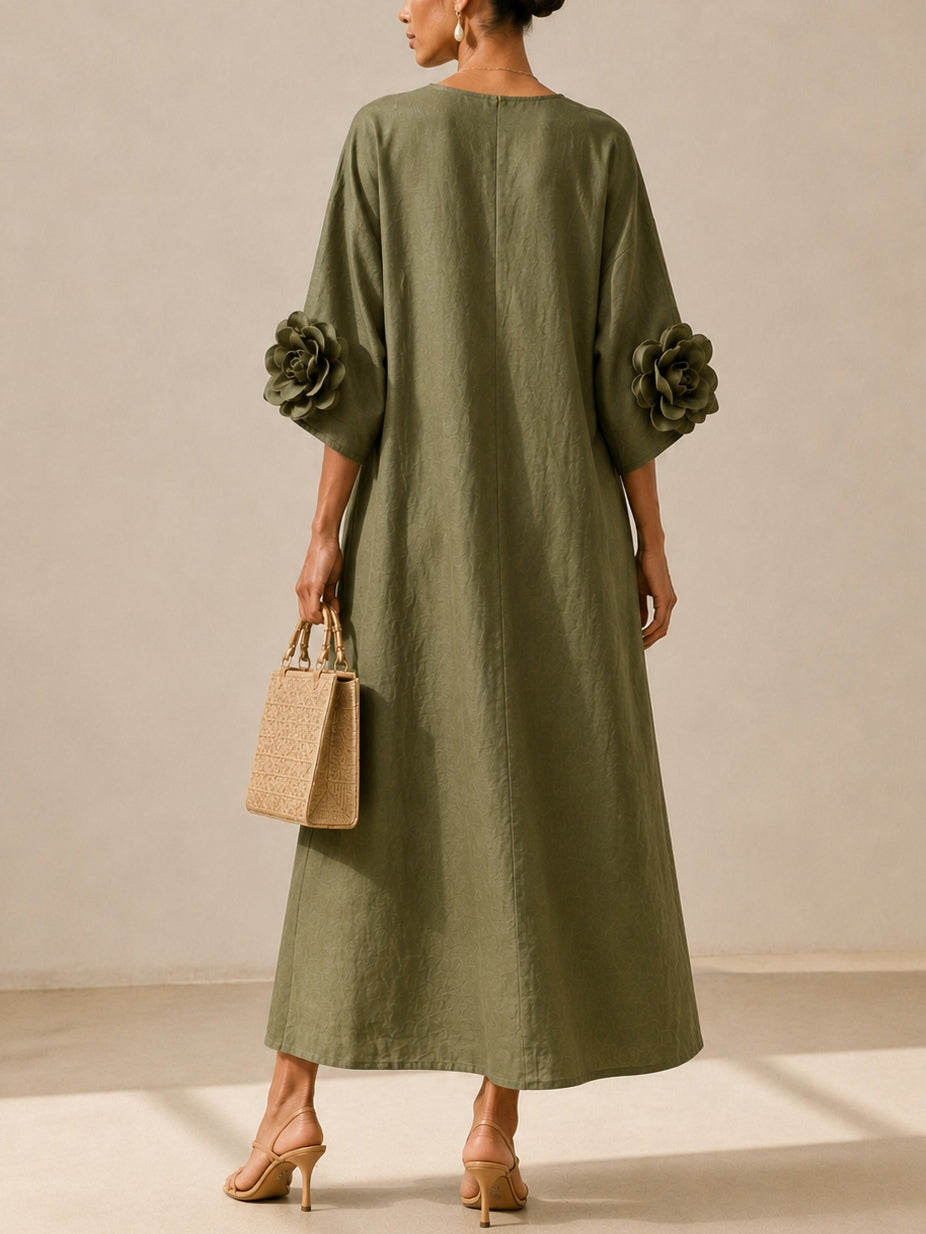 Floriana | Vestido Midi con Flores Aplicadas en las Mangas, Verde Olivo