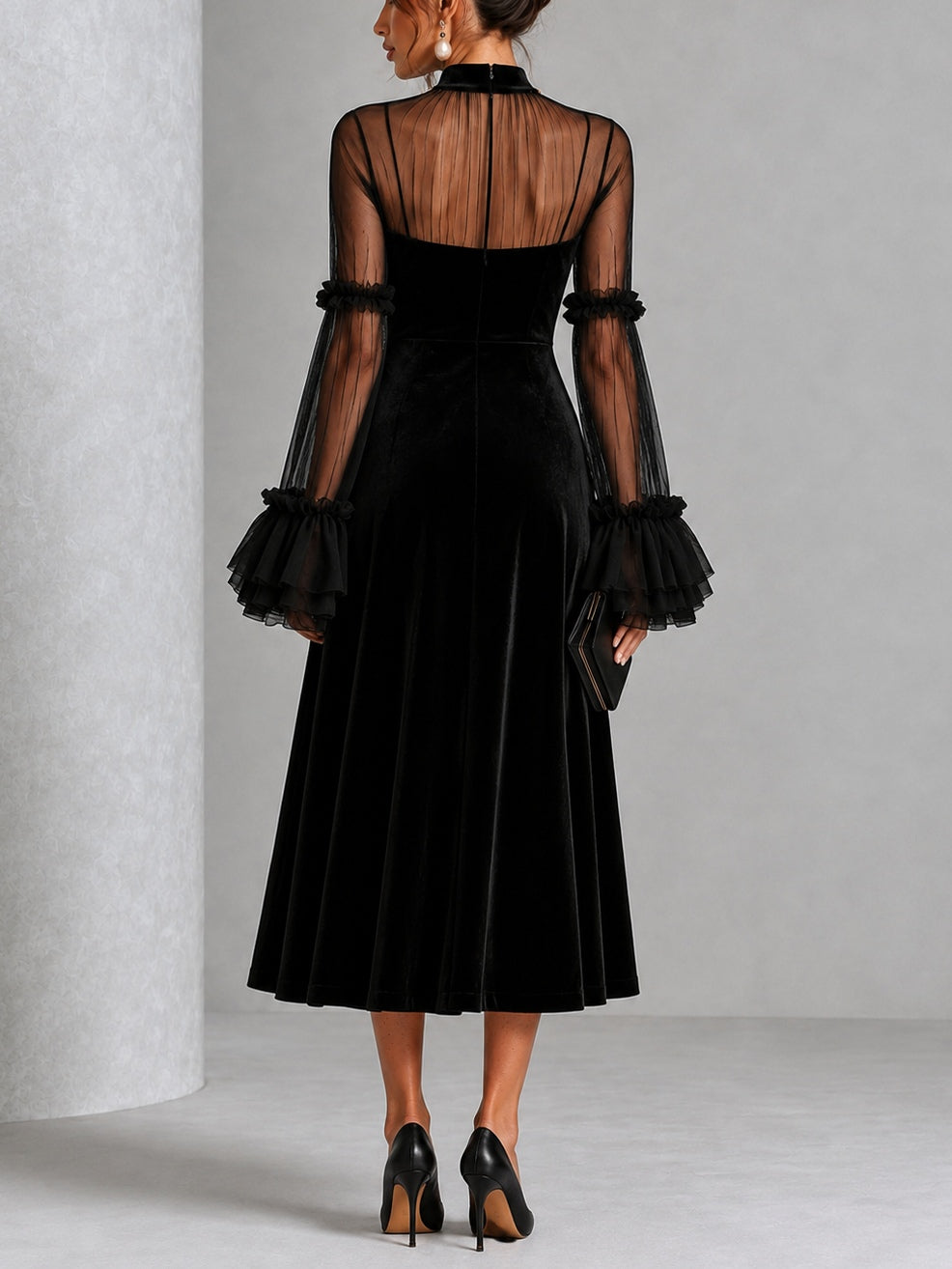Berenice | Vestido Midi de Terciopelo con Mangas de Tul, Negro