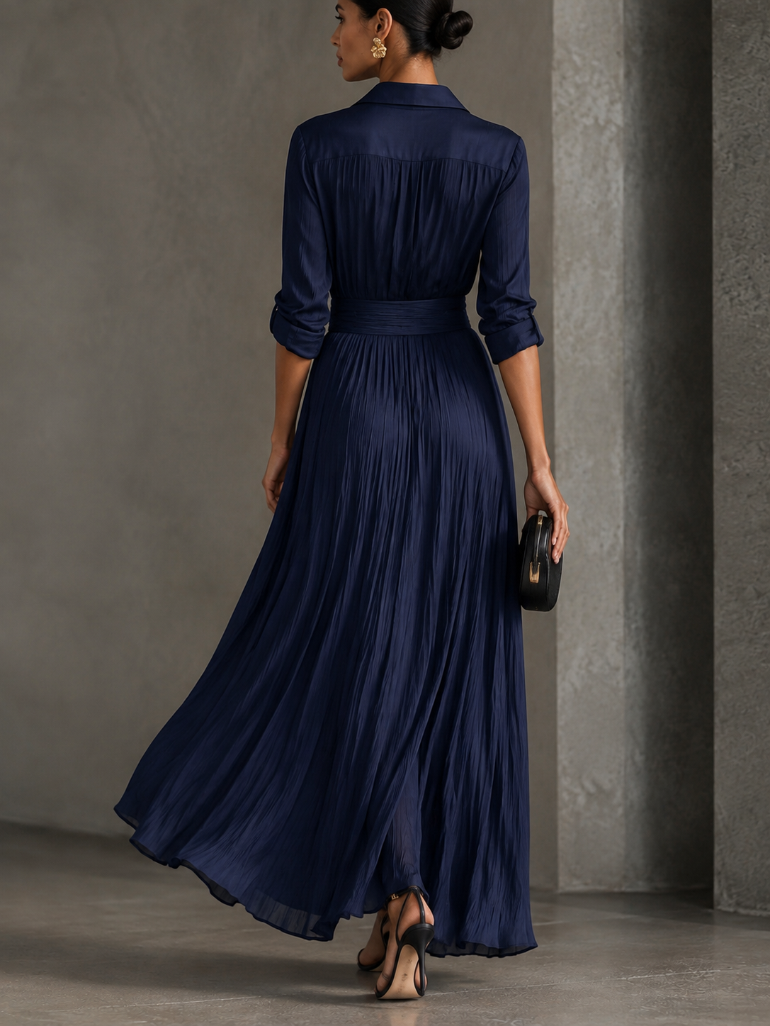 Allegra | Vestido Camisero Largo con Nudo en la Cintura, Azul Marino