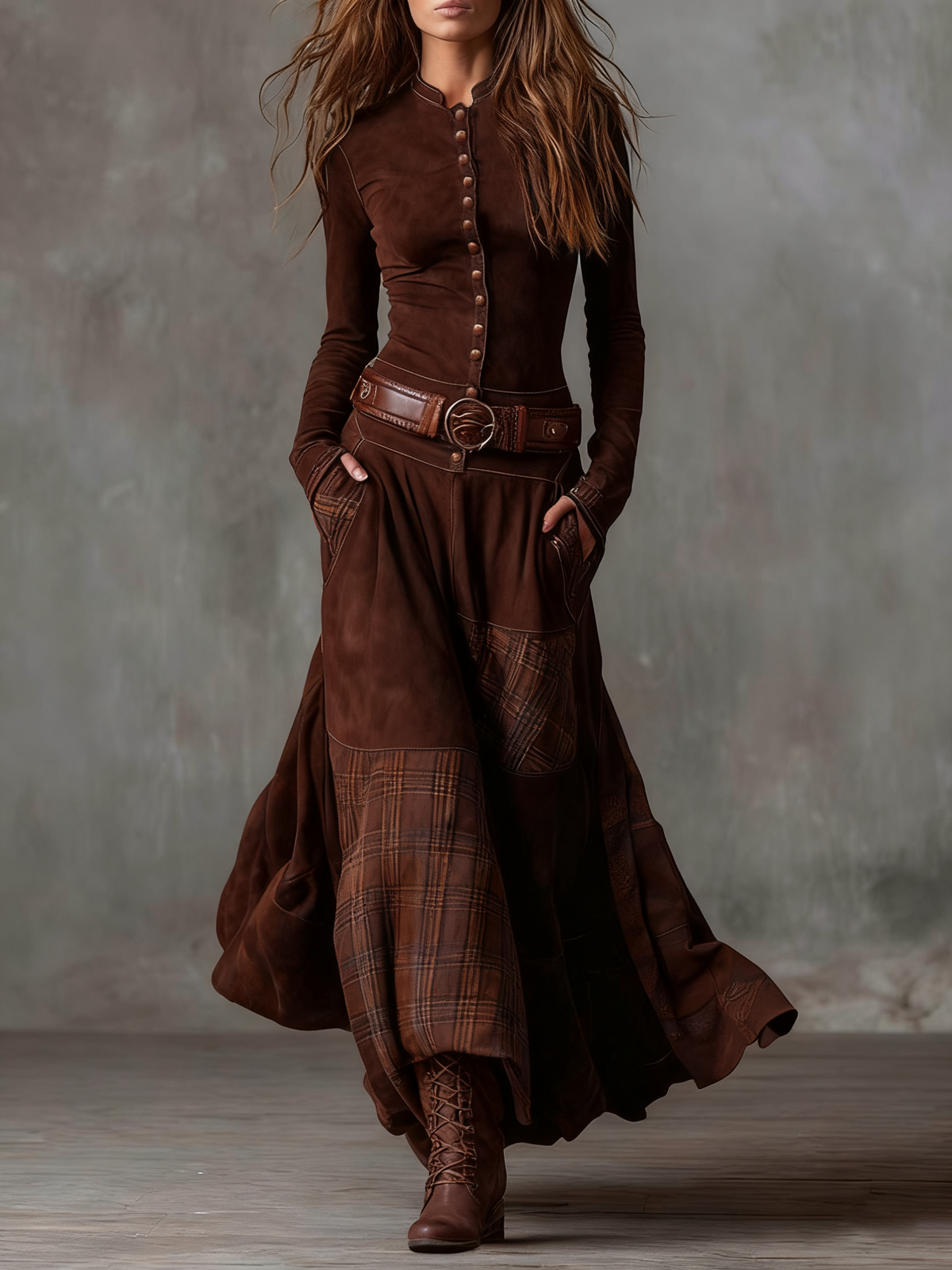 Élise | Vestido Largo Efecto Ante con Cuadros y Cinturón