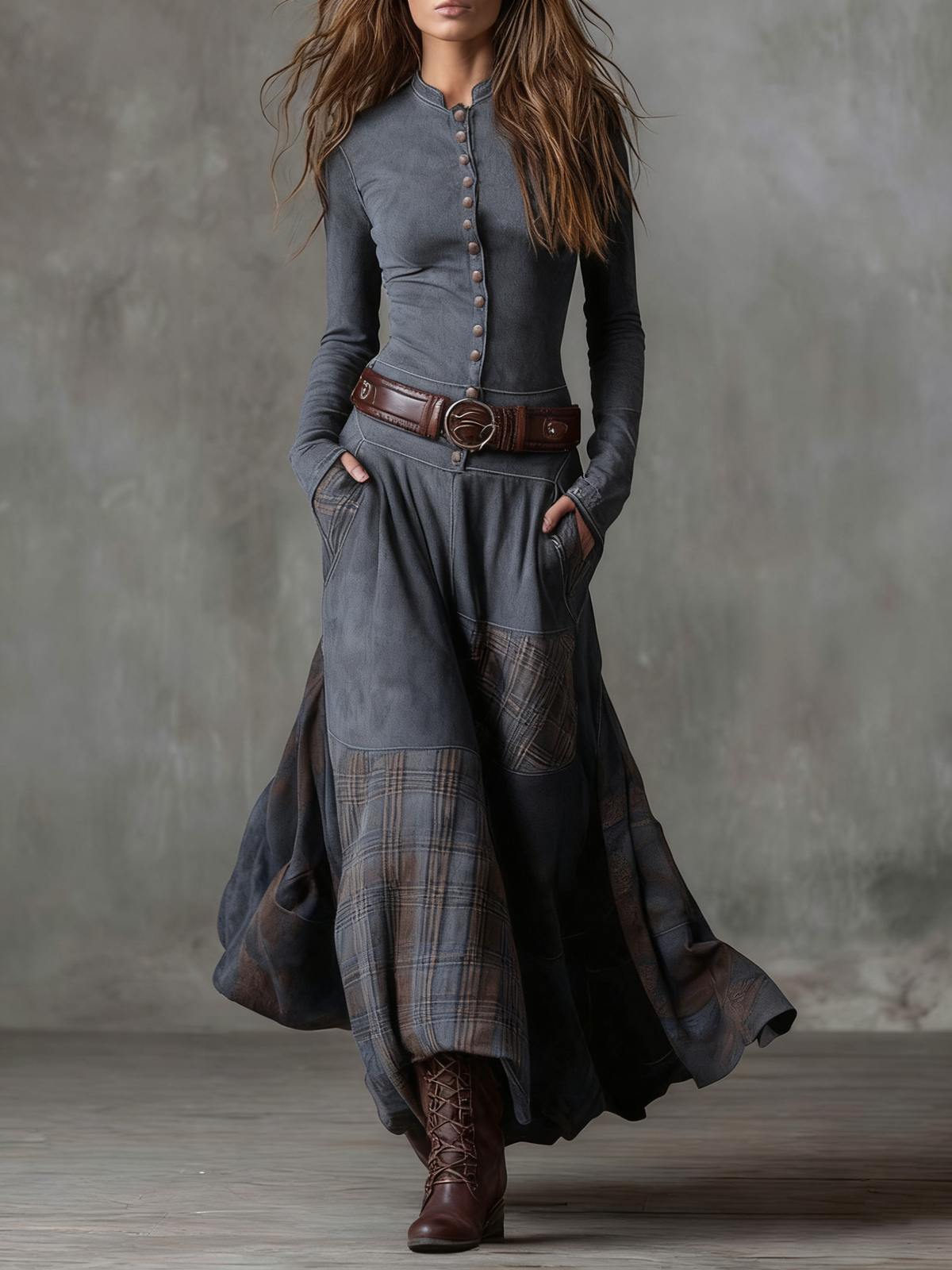 Élise | Vestido Largo Efecto Ante con Cuadros y Cinturón