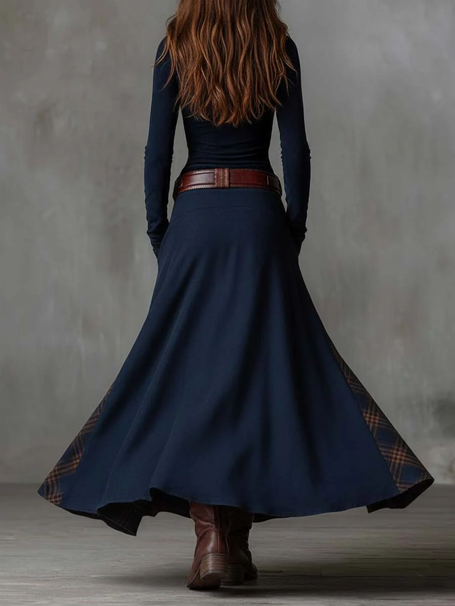 Élise | Vestido Largo Efecto Ante con Cuadros y Cinturón
