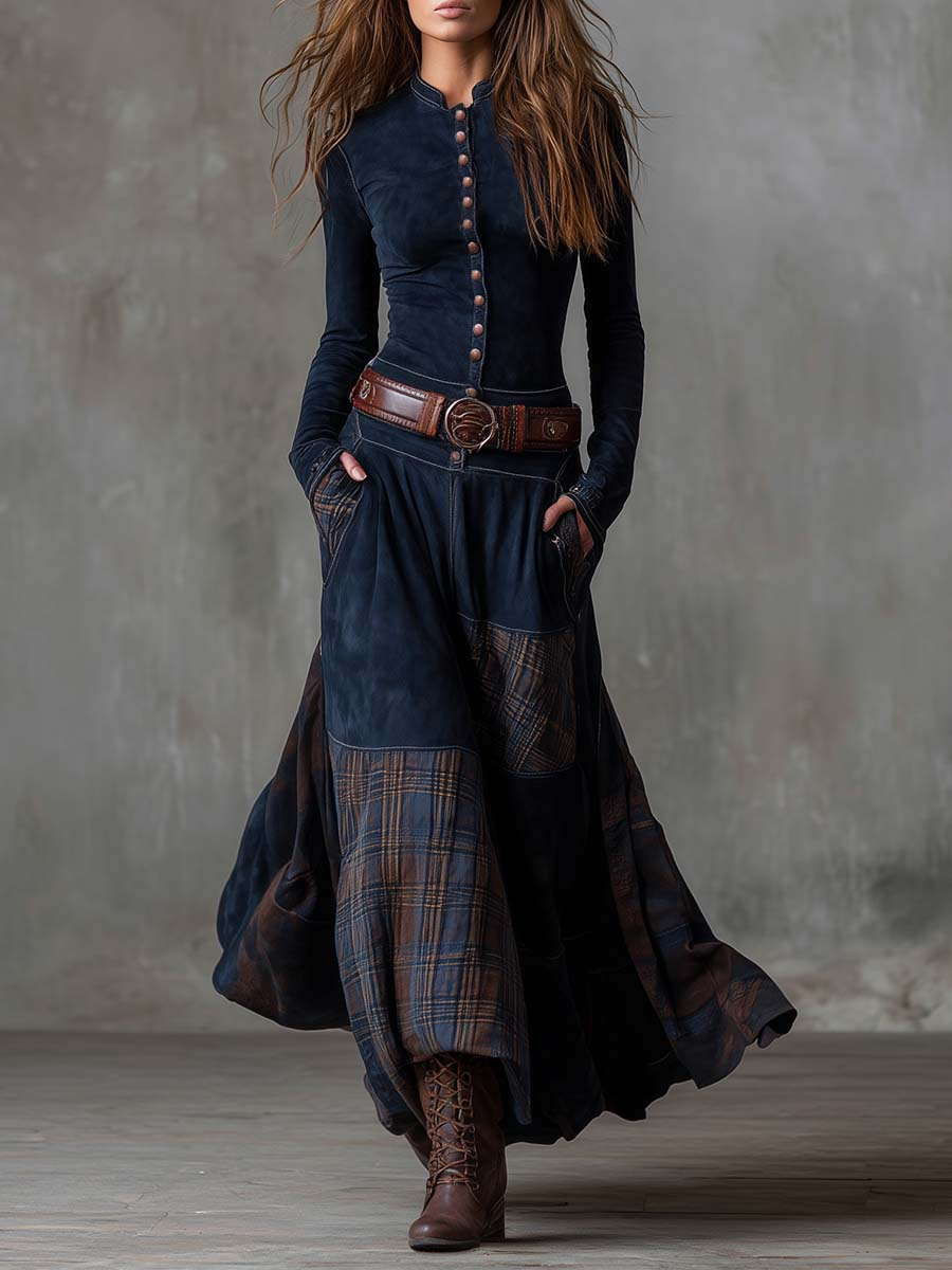Élise | Vestido Largo Efecto Ante con Cuadros y Cinturón