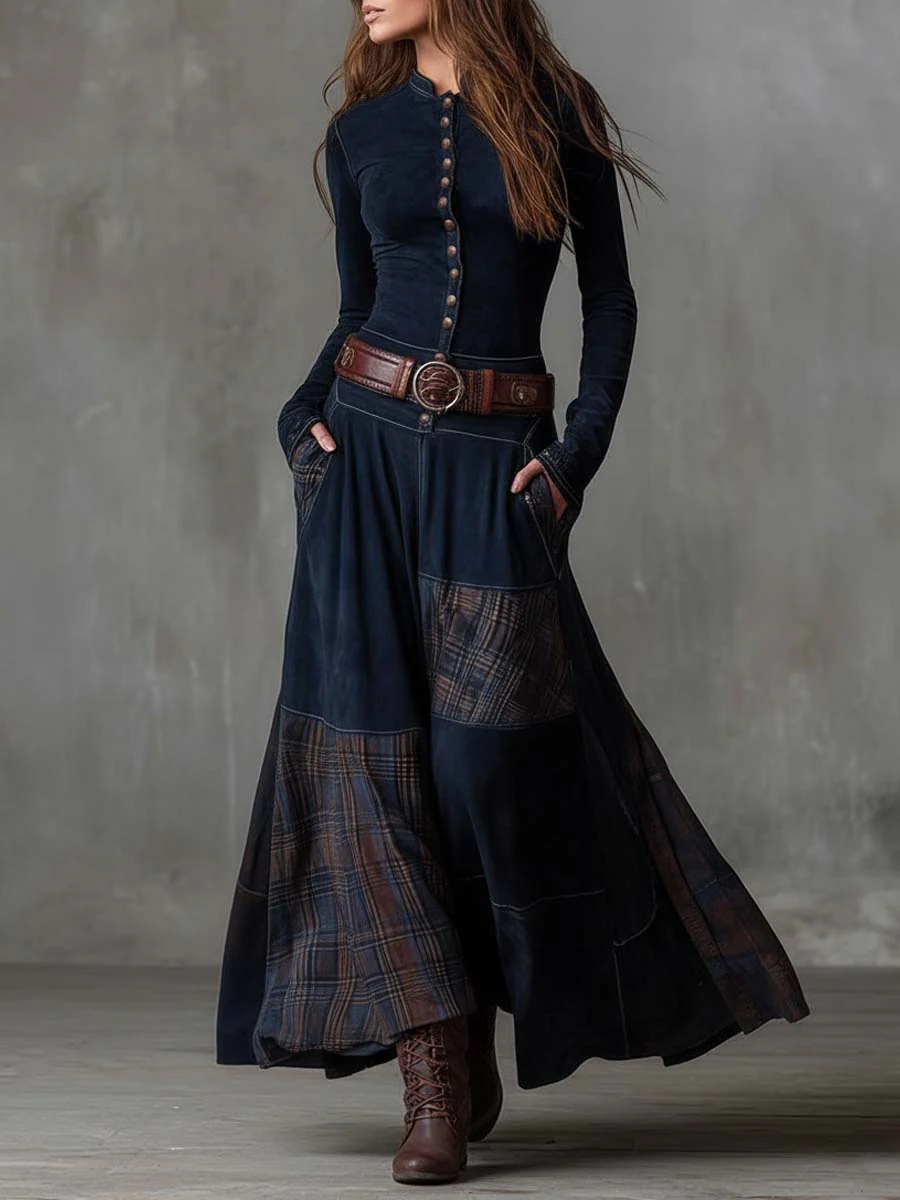 Élise | Vestido Largo Efecto Ante con Cuadros y Cinturón