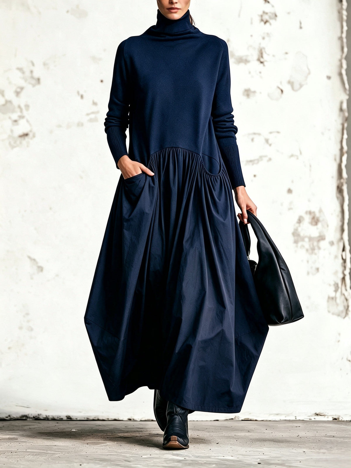 Olivia | Vestido Largo Oversize de Cuello Alto con Bolsas