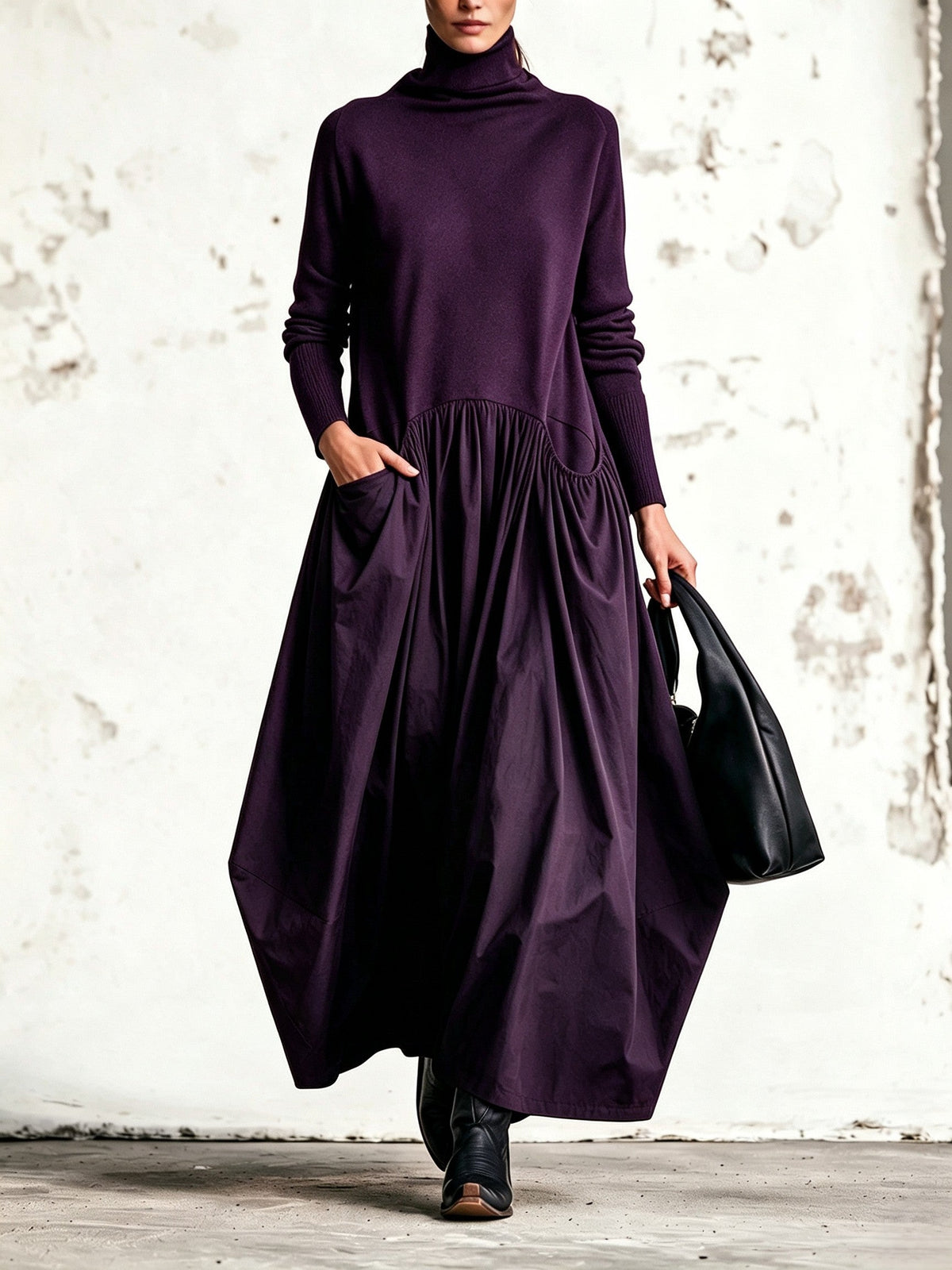 Olivia | Vestido Largo Oversize de Cuello Alto con Bolsas