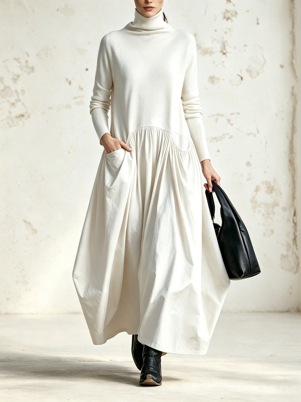 Olivia | Vestido Largo Oversize de Cuello Alto con Bolsas