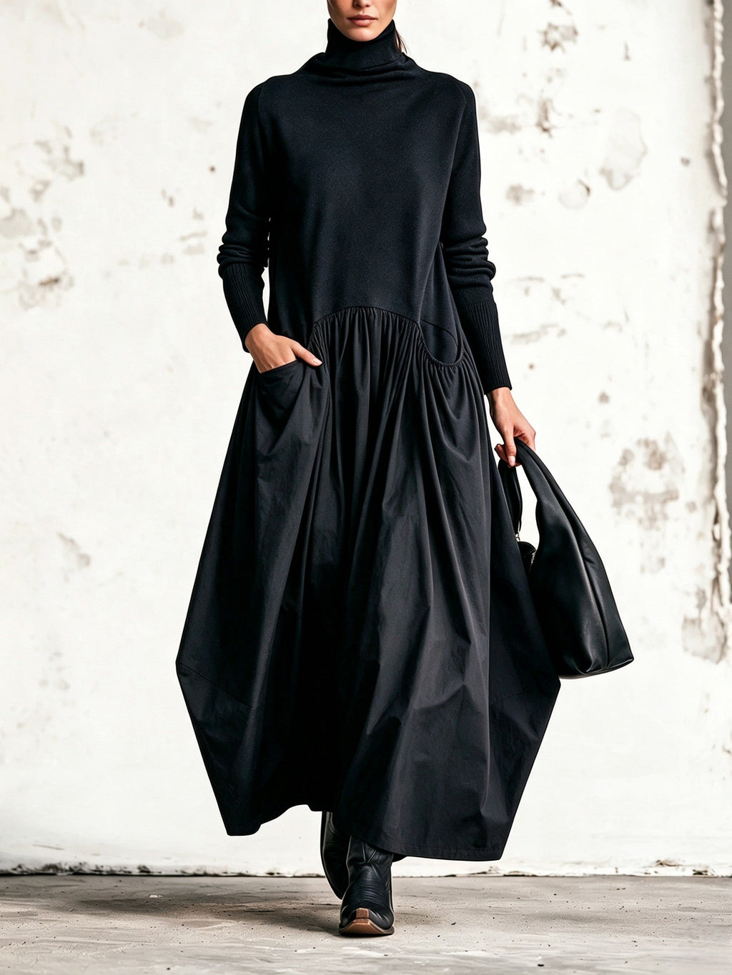 Olivia | Vestido Largo Oversize de Cuello Alto con Bolsas