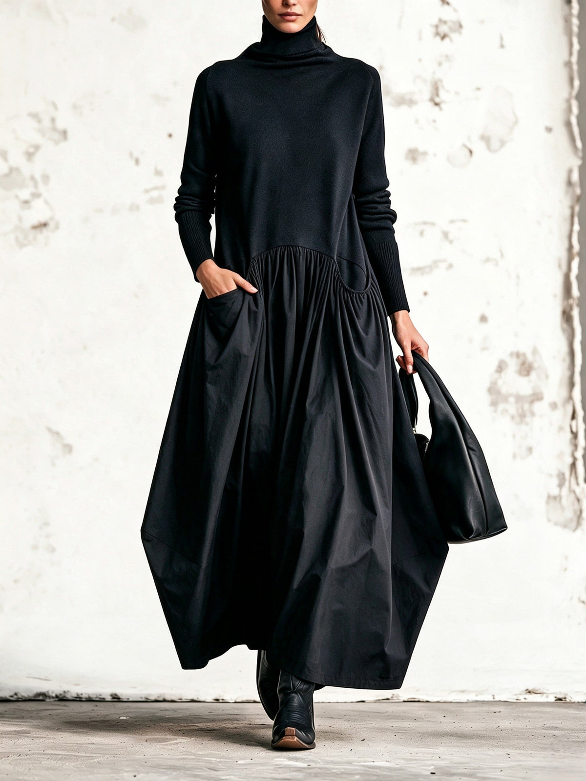 Olivia | Vestido Largo Oversize de Cuello Alto con Bolsas