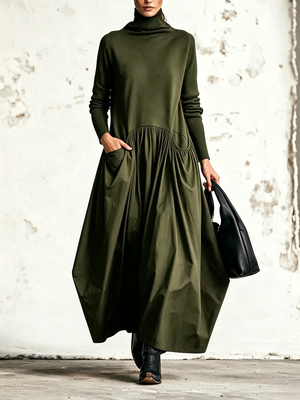Olivia | Vestido Largo Oversize de Cuello Alto con Bolsas