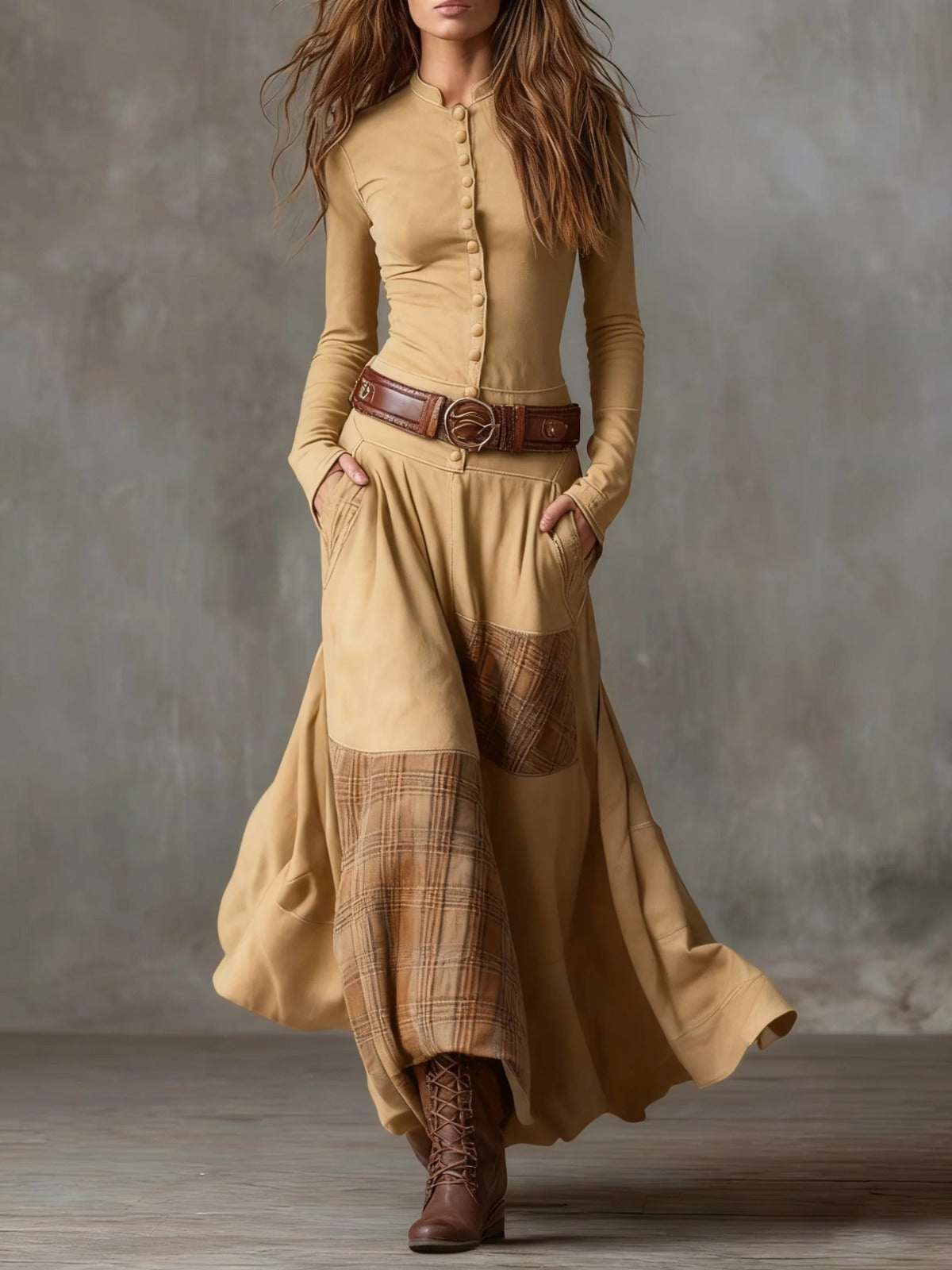 Élise | Vestido Largo Efecto Ante con Cuadros y Cinturón