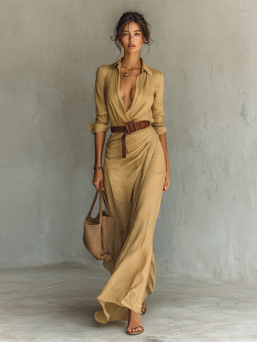 Vestido Maxi Largo con Cuello y Cintura Incluida