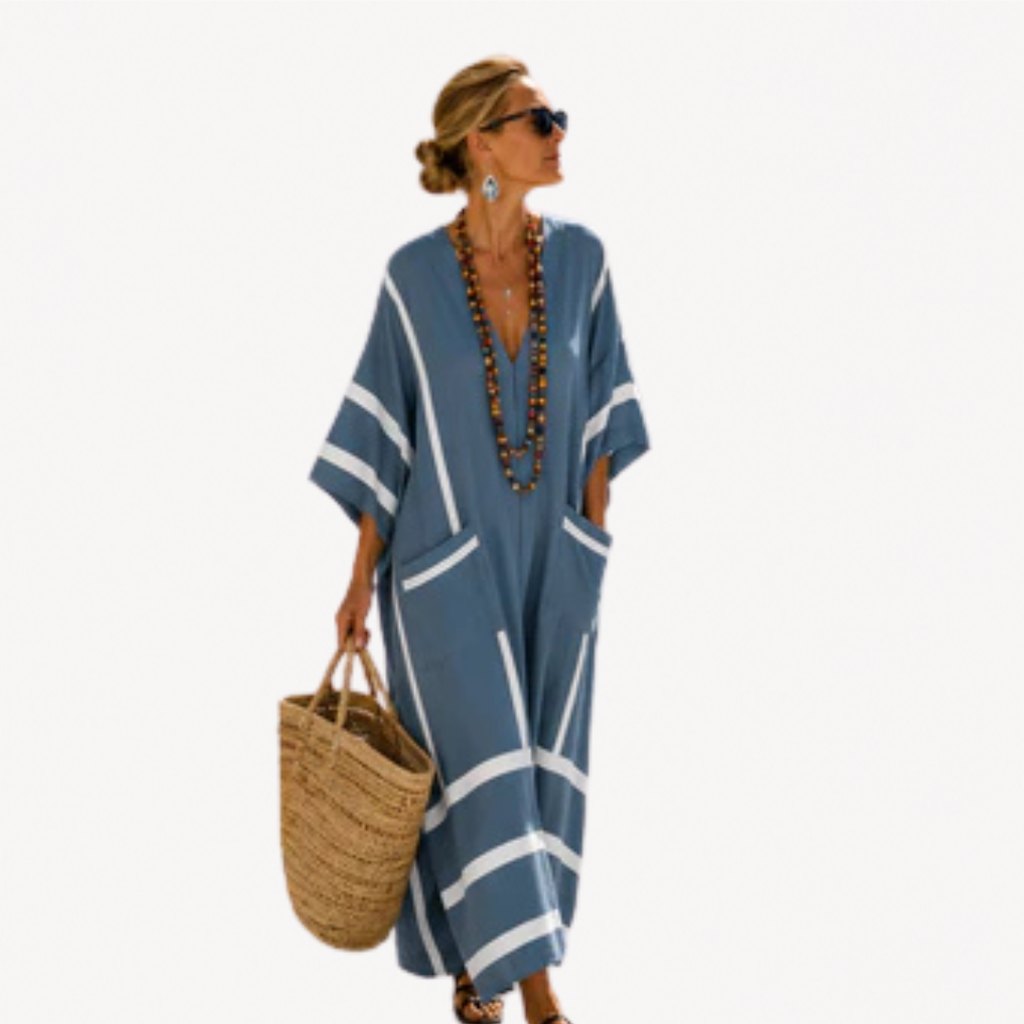Paula | Caftán Largo Fresco — Rayas Azules