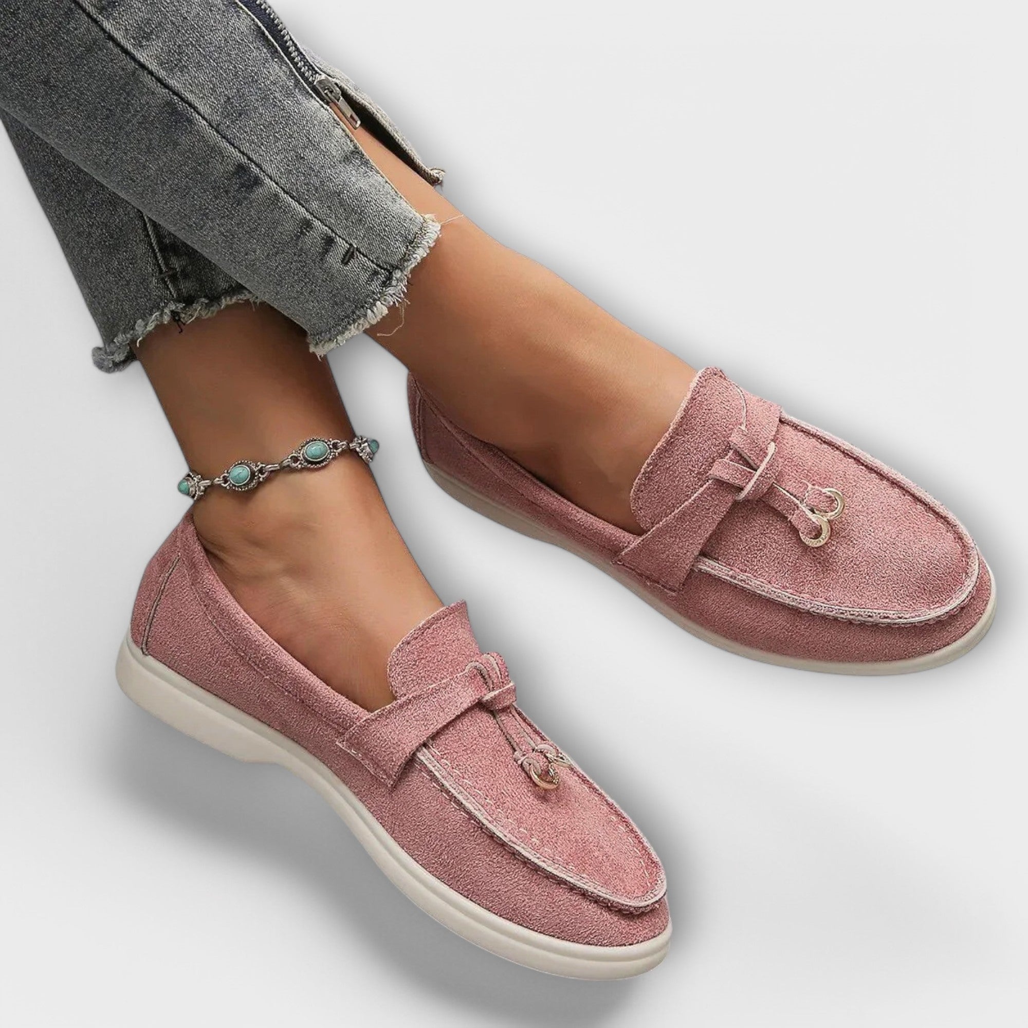 Blanca™ - Mocasines beige femeninos con cordón decorativo