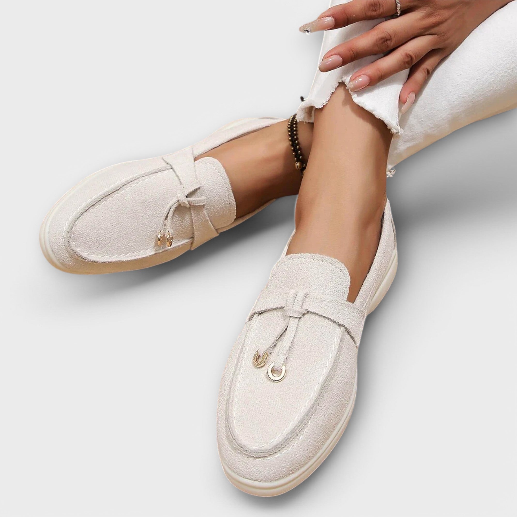 Blanca™ - Mocasines beige femeninos con cordón decorativo