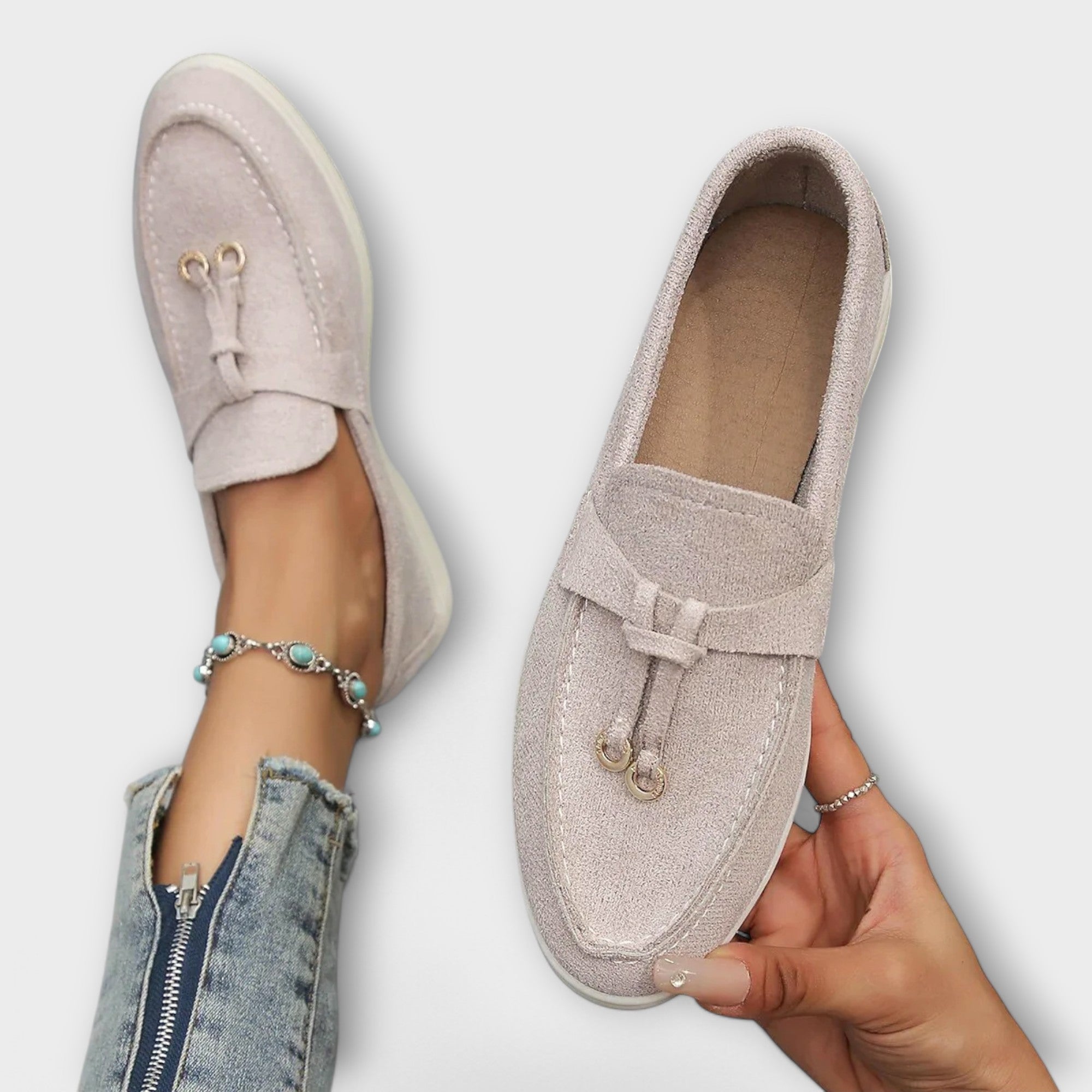 Blanca™ - Mocasines beige femeninos con cordón decorativo