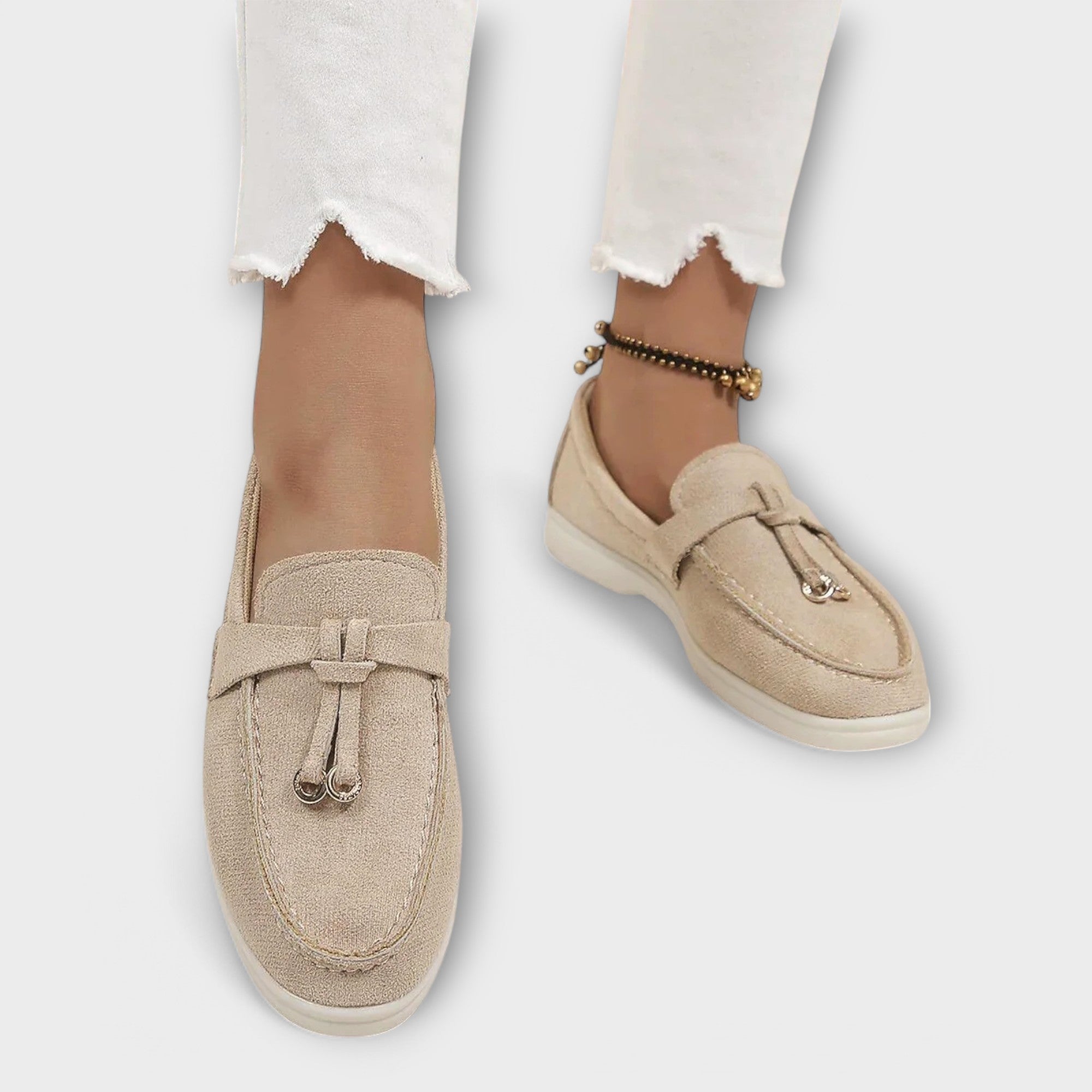 Blanca™ - Mocasines beige femeninos con cordón decorativo